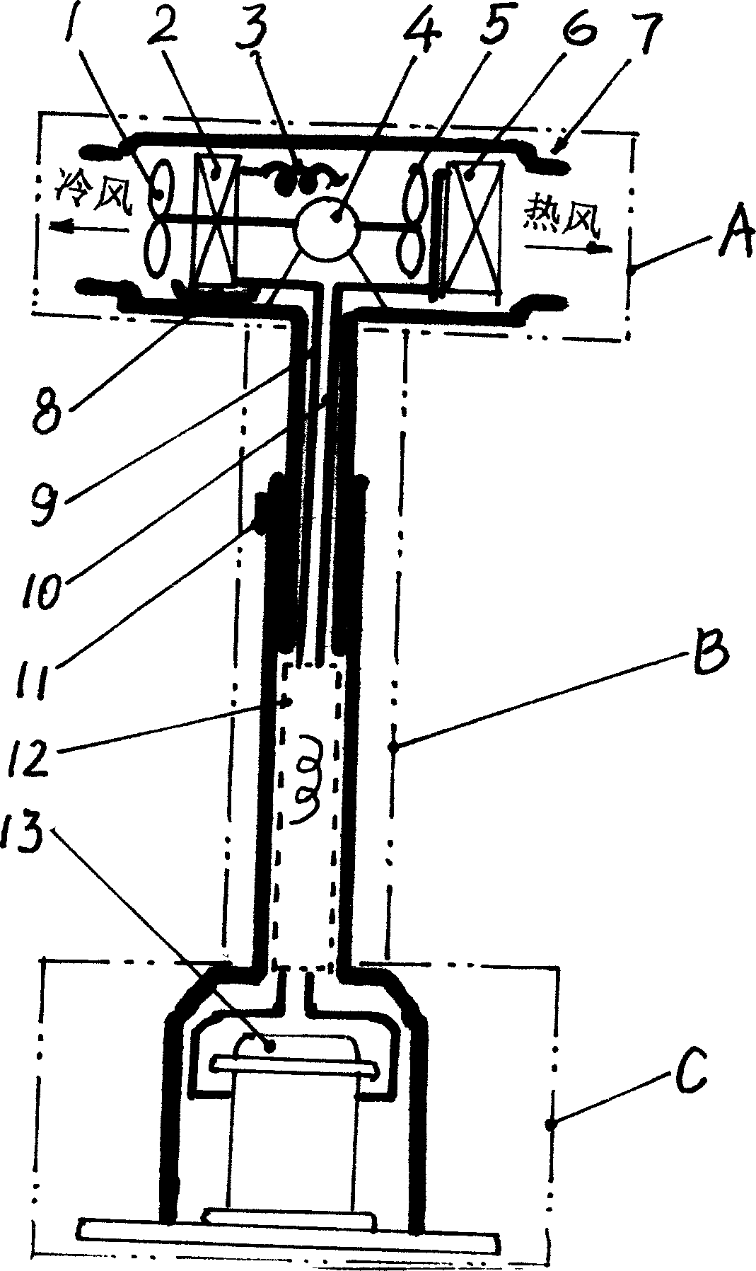 Console super small power cold and warm fan supported by refrigeration system and its using method