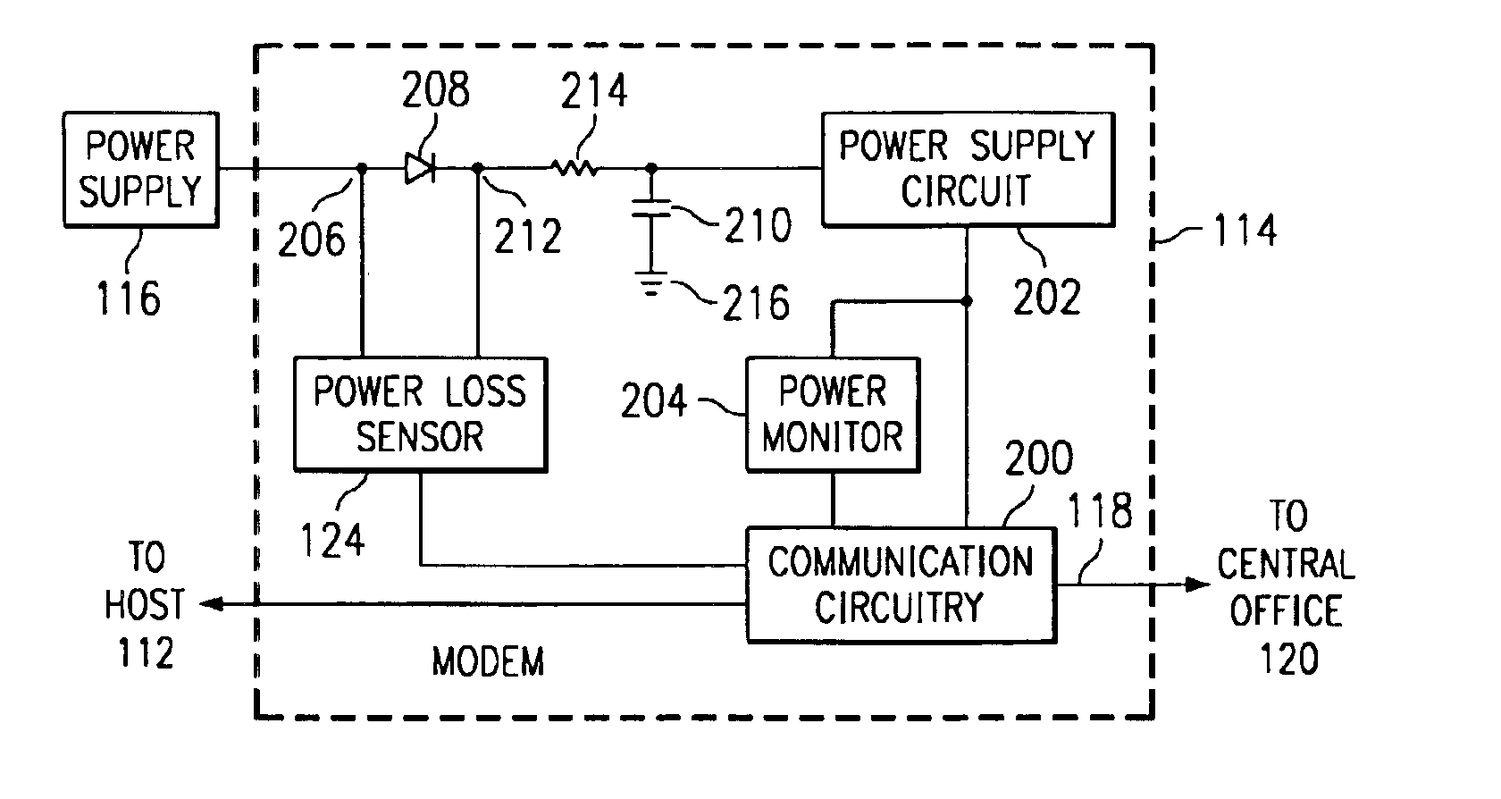 Communication system power loss notification via detection of reverse bias state of a diode based on a threshold voltage