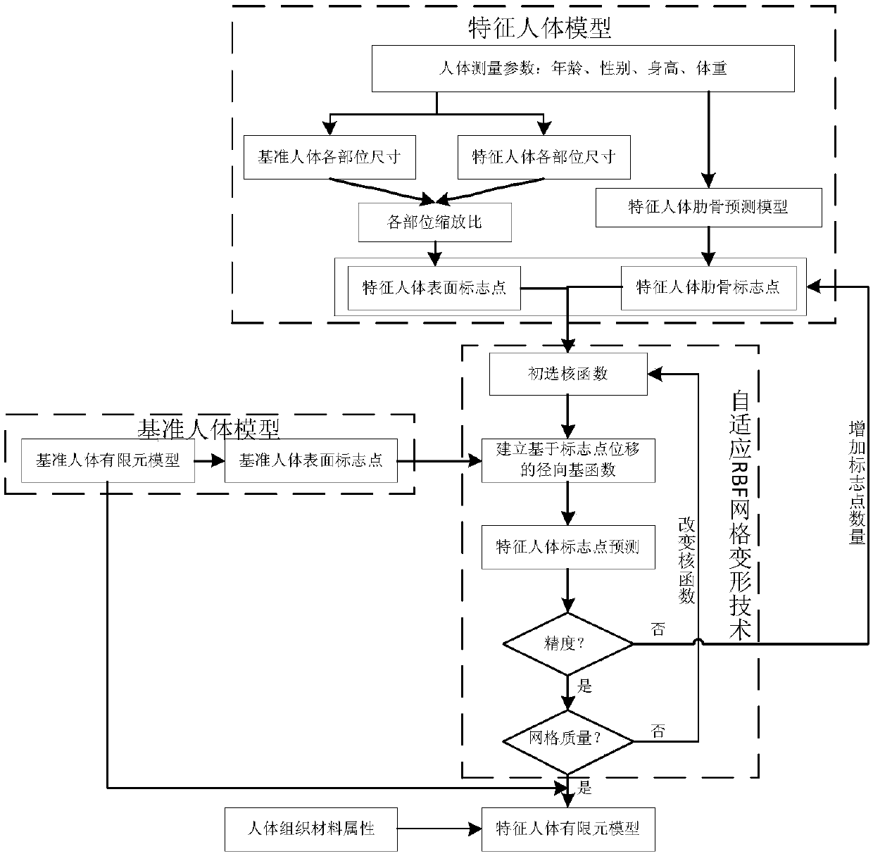 Feature human body finite element modeling method based on adaptive RBF network deformation technology