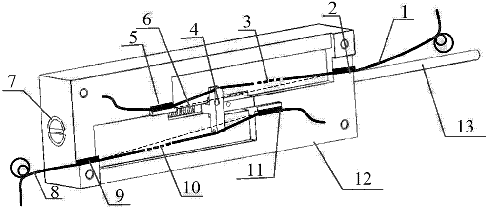 Distributed high-precision FBG (fiber bragg grating) displacement sensor with function of temperature compensation, and method