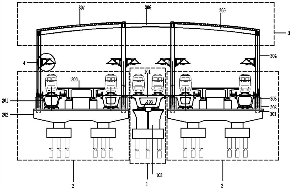 High-intensity earthquake area airport GTC high-speed rail elevated station bridge and construction method thereof