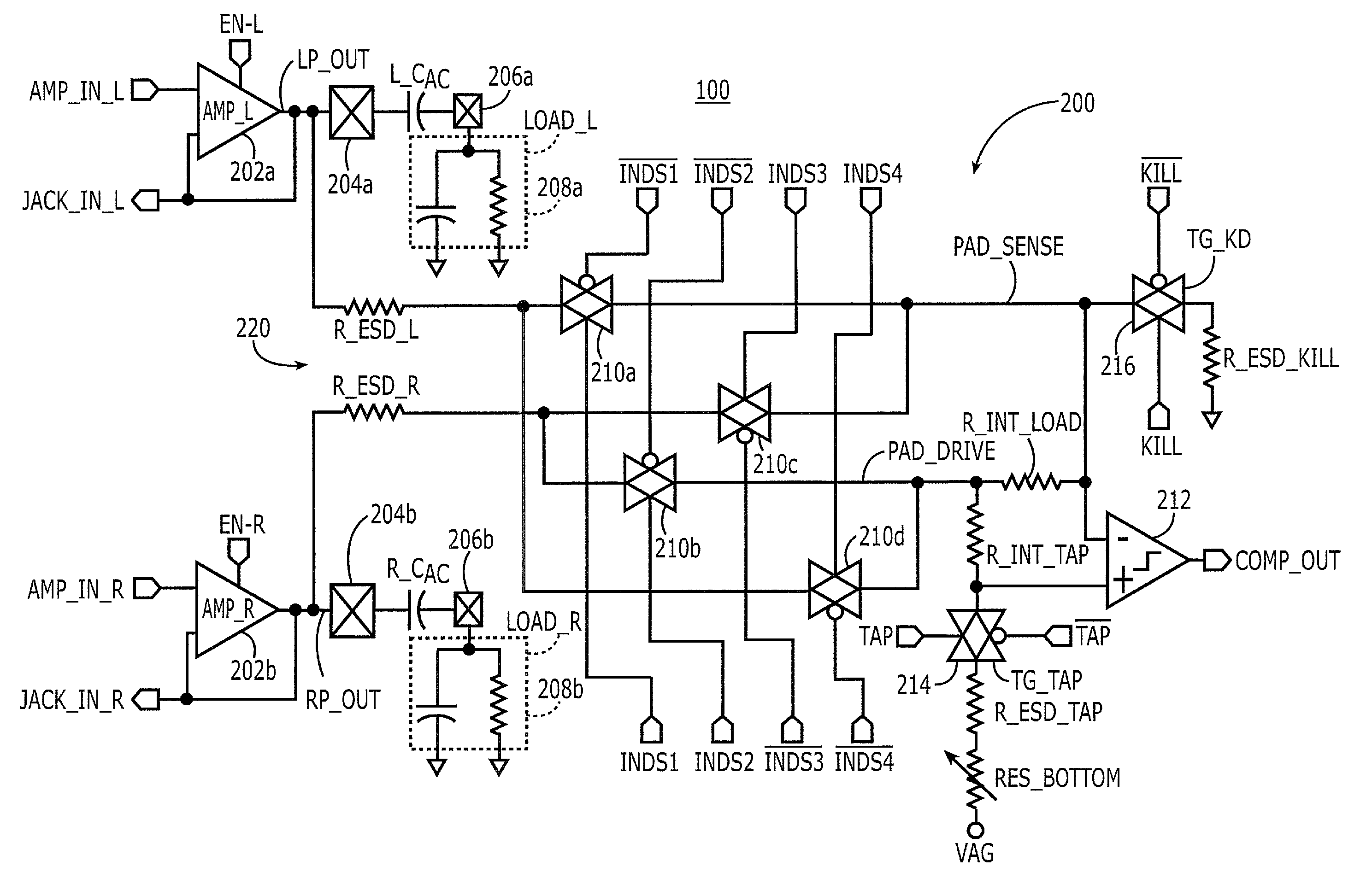 Cross-drive impedance measurement circuits for sensing audio loads on CODEC channels