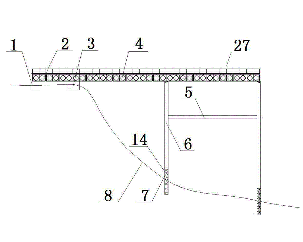 Elevated trestle bridge construction method on covering-free steep bare rock in deepwater and rapid stream