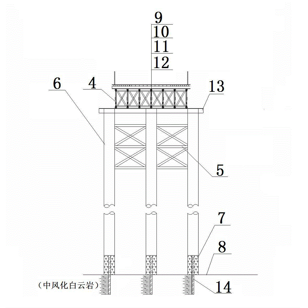 Elevated trestle bridge construction method on covering-free steep bare rock in deepwater and rapid stream