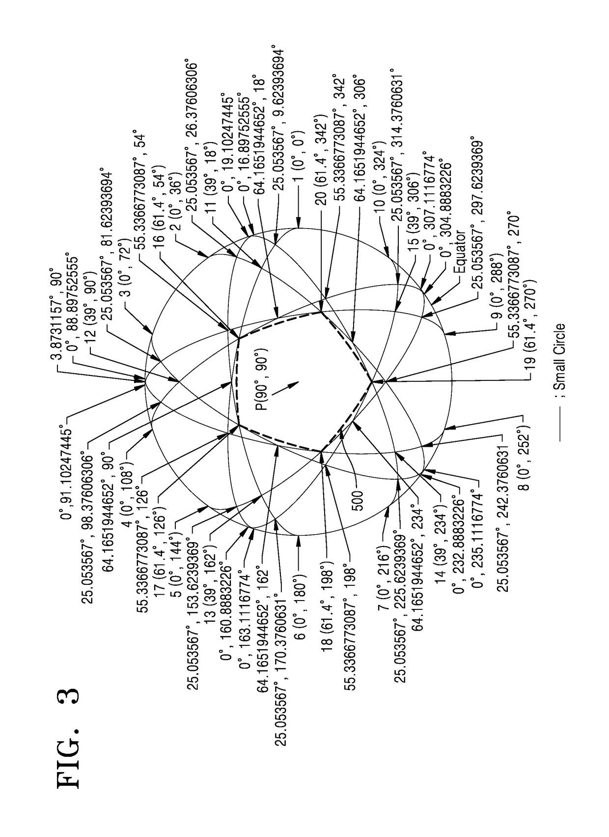 Golf ball having surface divided by line segments of great circles and small circles