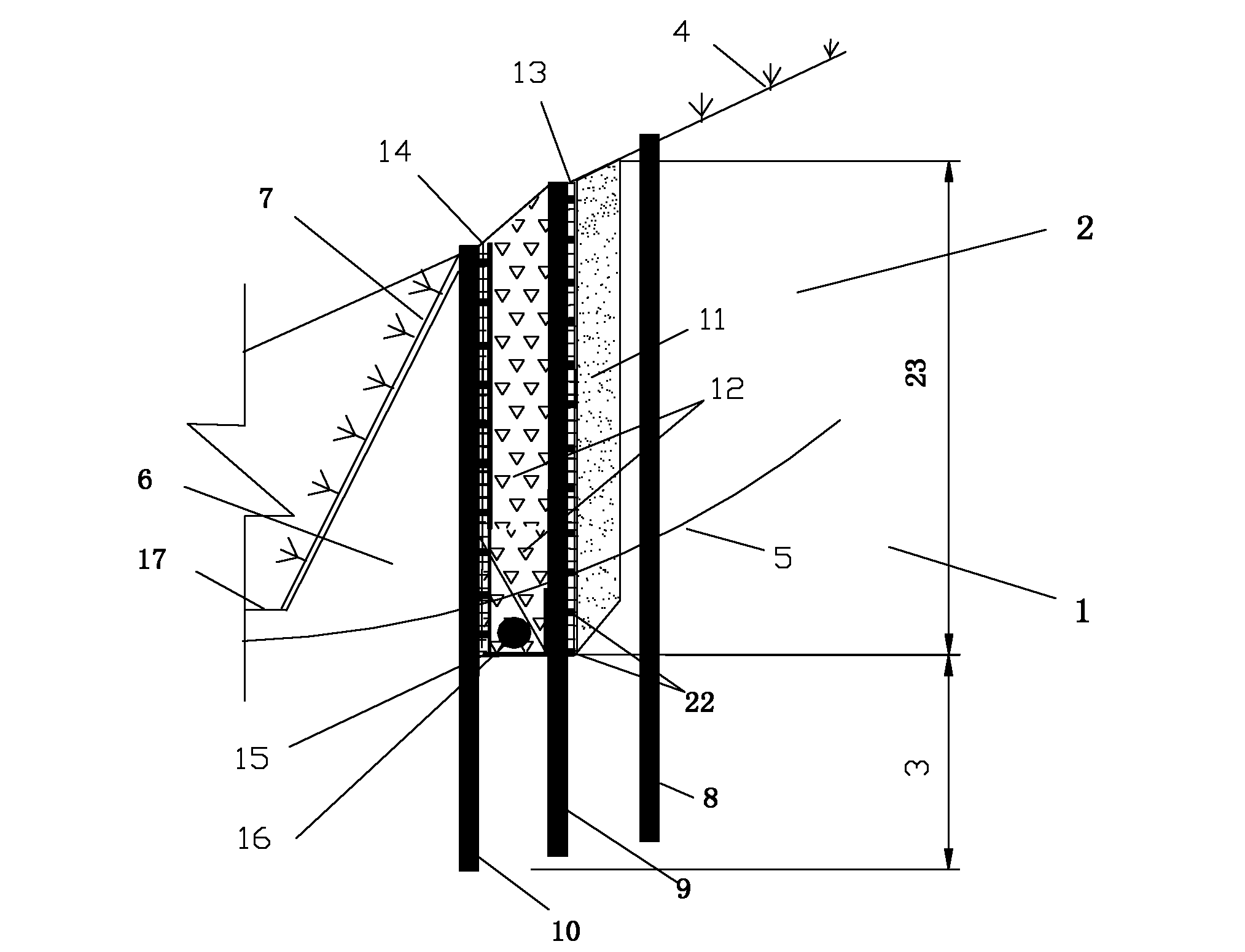 Structure of reinforced soil sewer supported by bored concrete piles of mini steel tubes