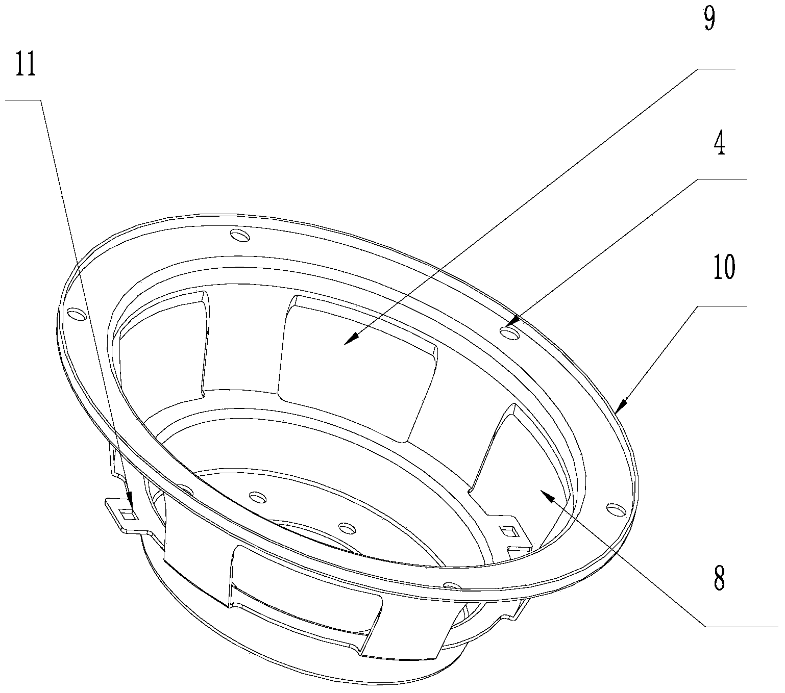 Machining process of loudspeaker basin stand with horizontal ear holes