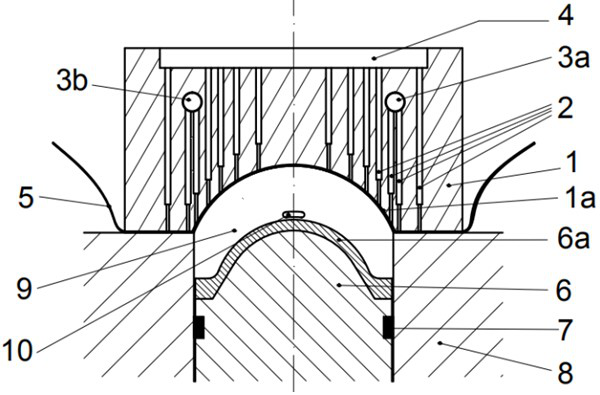 Large-central-angle magnetic shoe forming upper die and large-central-angle magnetic shoe forming method