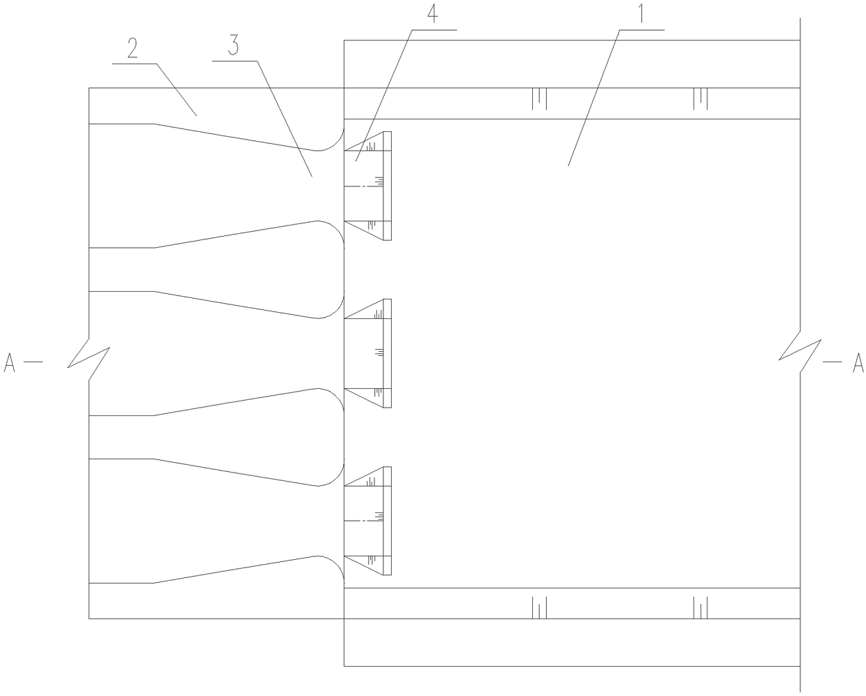 Underflow energy dissipation structure for allowing flaring piers to extend to stilling basin