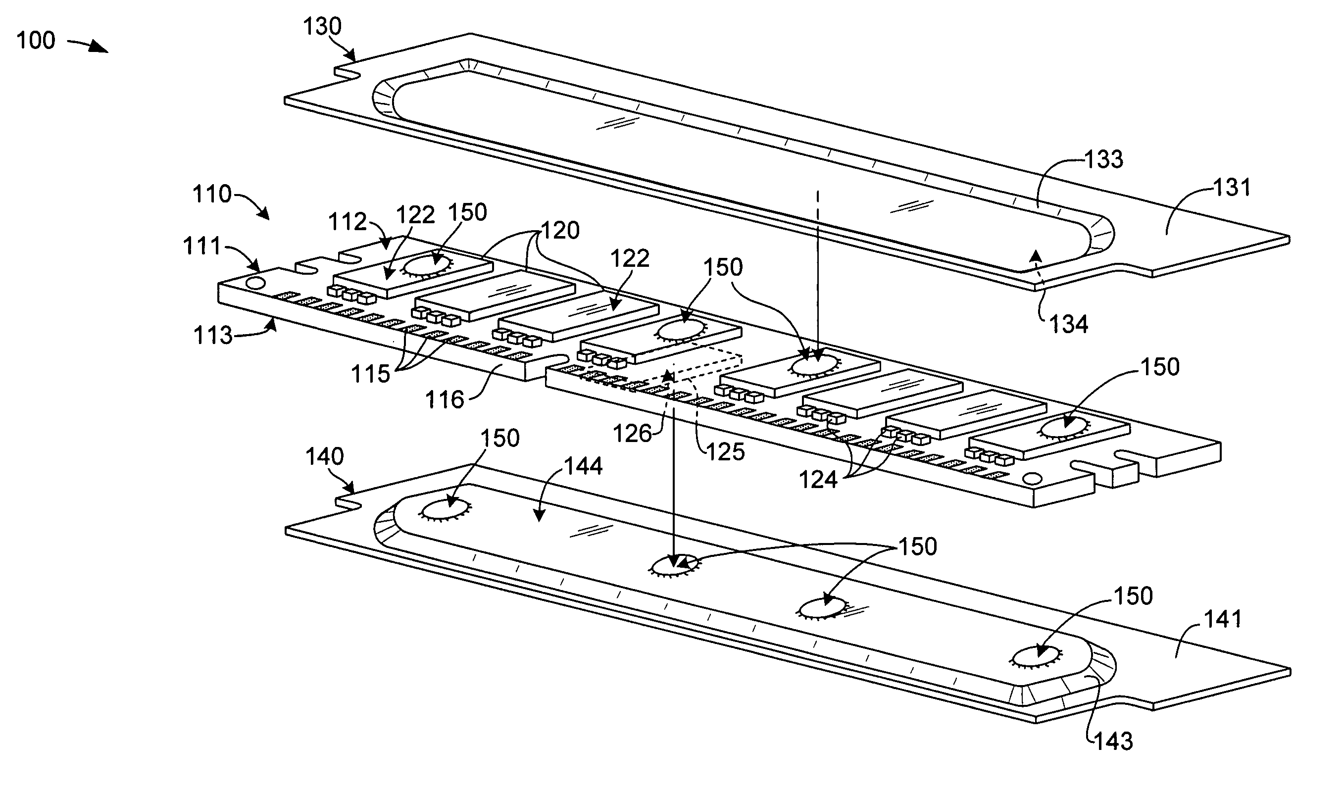 Memory module assembly including heat sink attached to integrated circuits by adhesive