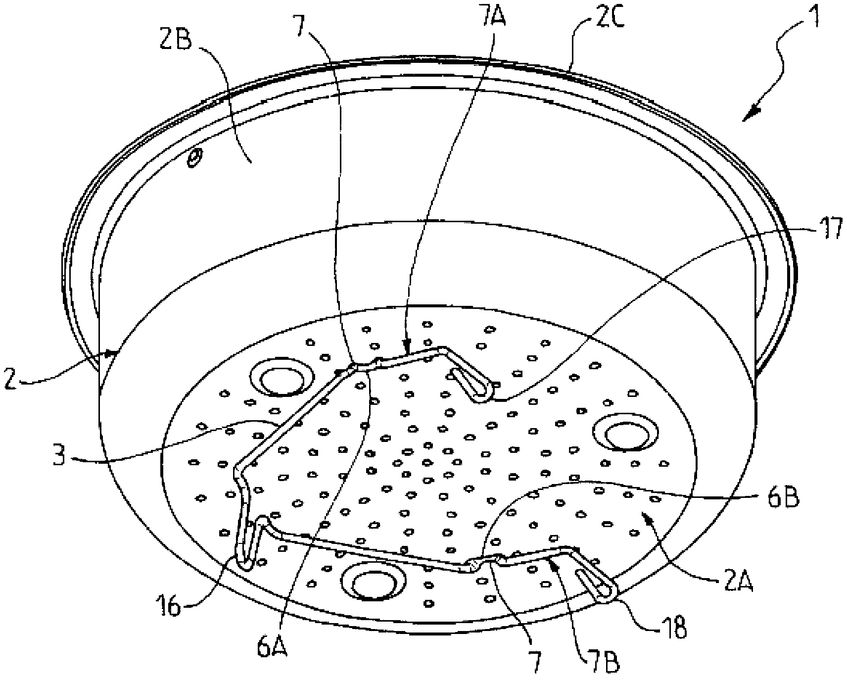 System including a food-cooking basket and booster, pressure cooker including such a system, cooking basket booster, cooking basket, and method for manufacturing a cooking basket booster