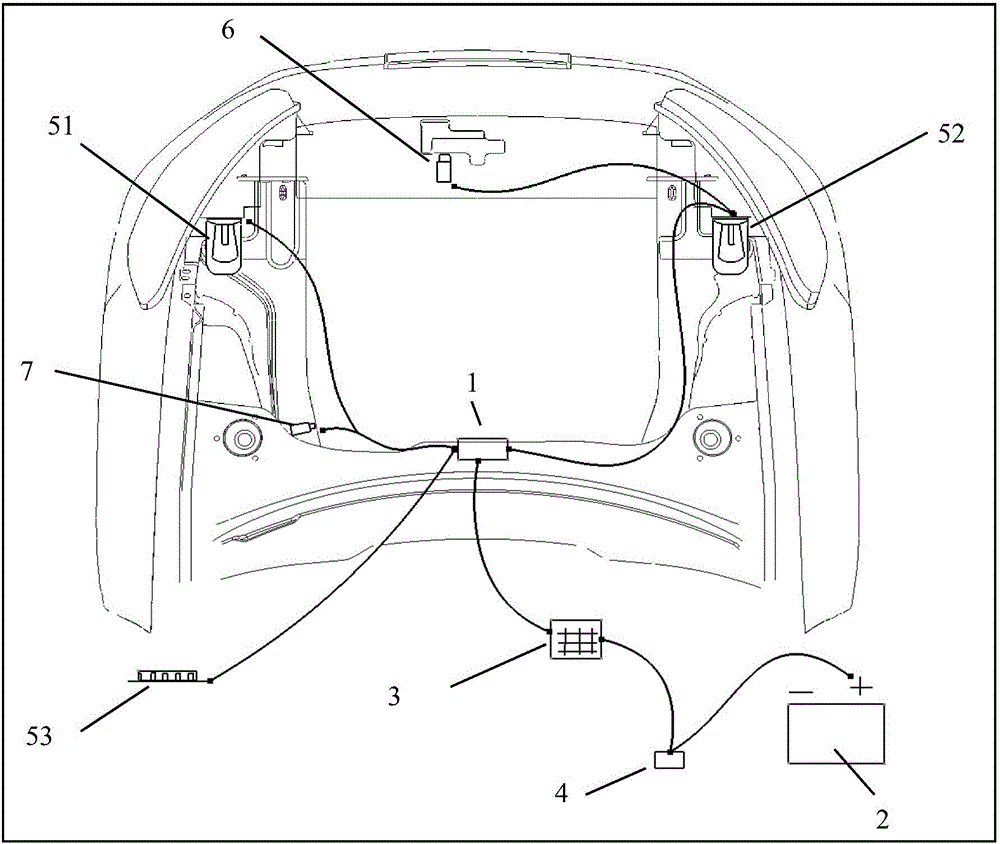 Vehicle engine cabin lighting control device, lighting system, control method and vehicle