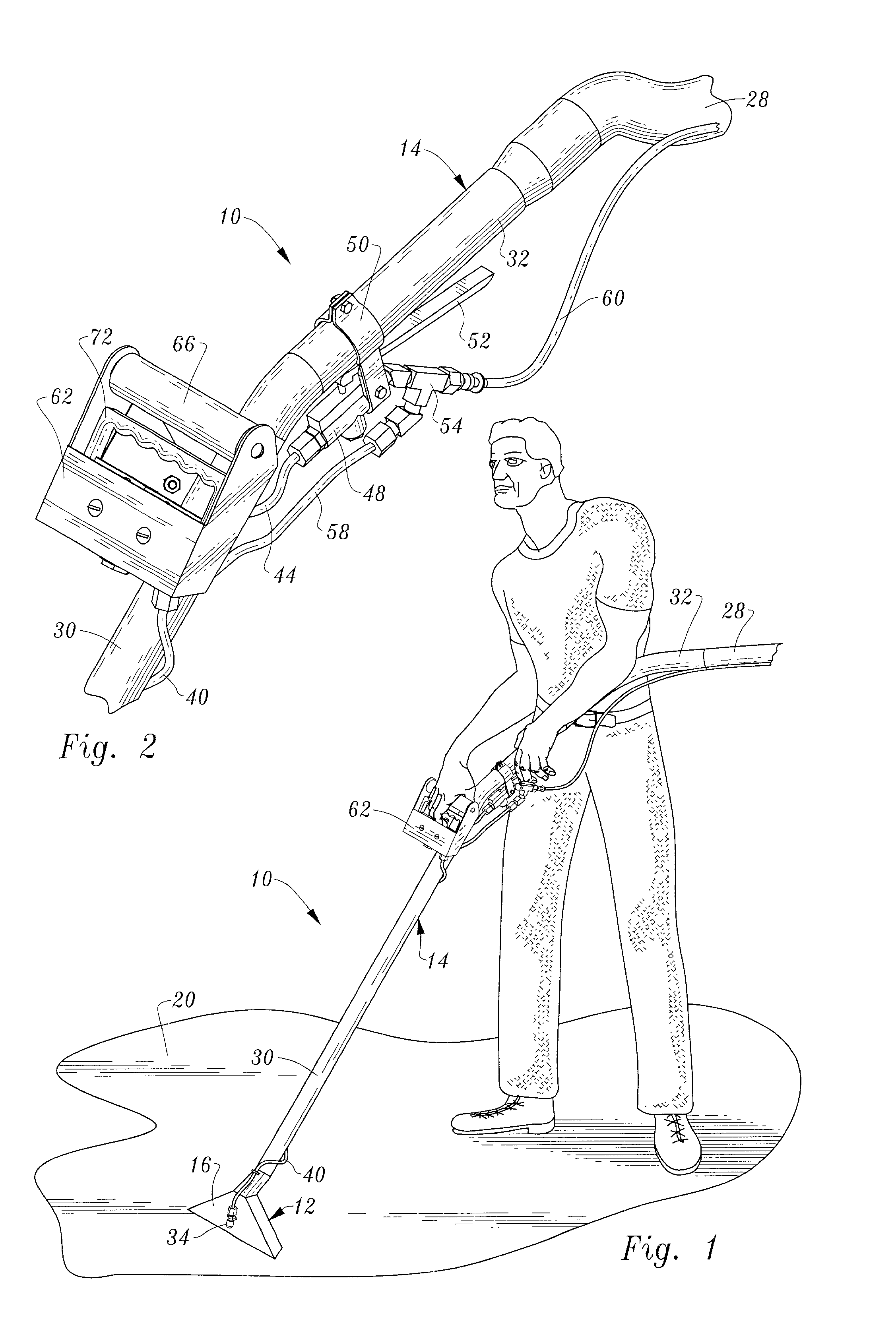 Carpet steam cleaning apparatus with control for directing spray at front or back of wand vacuum head