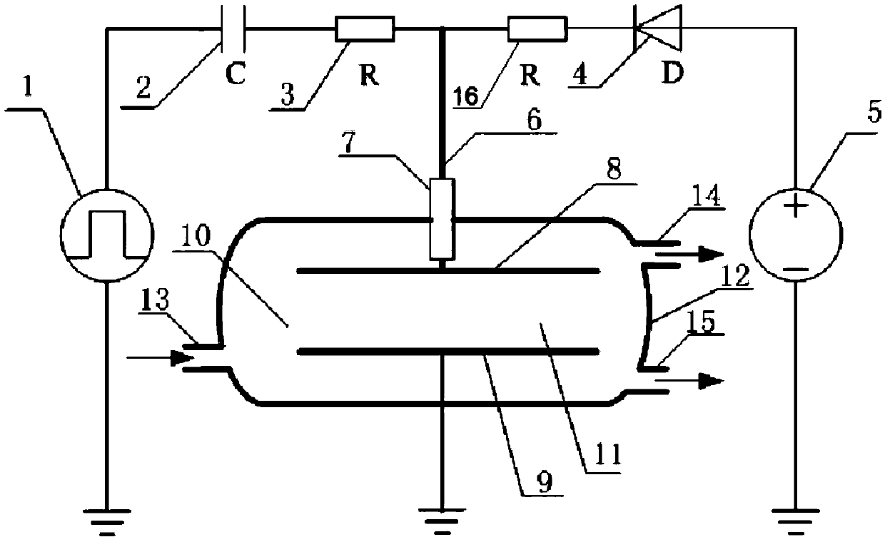 A crude oil electric dehydration device and method with a DC superimposed AC pulsed electric field