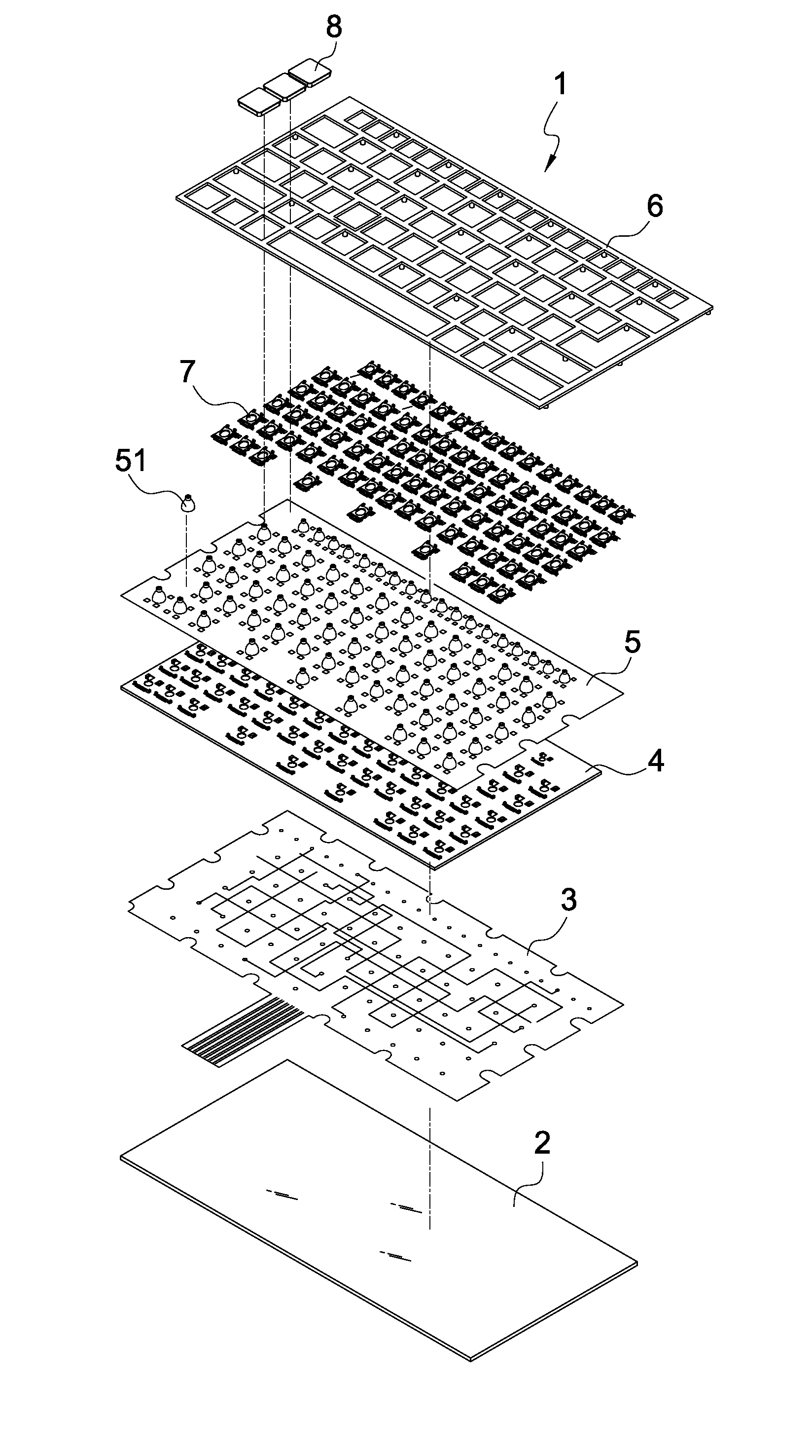 Computer keys with inwardly tapered bottom