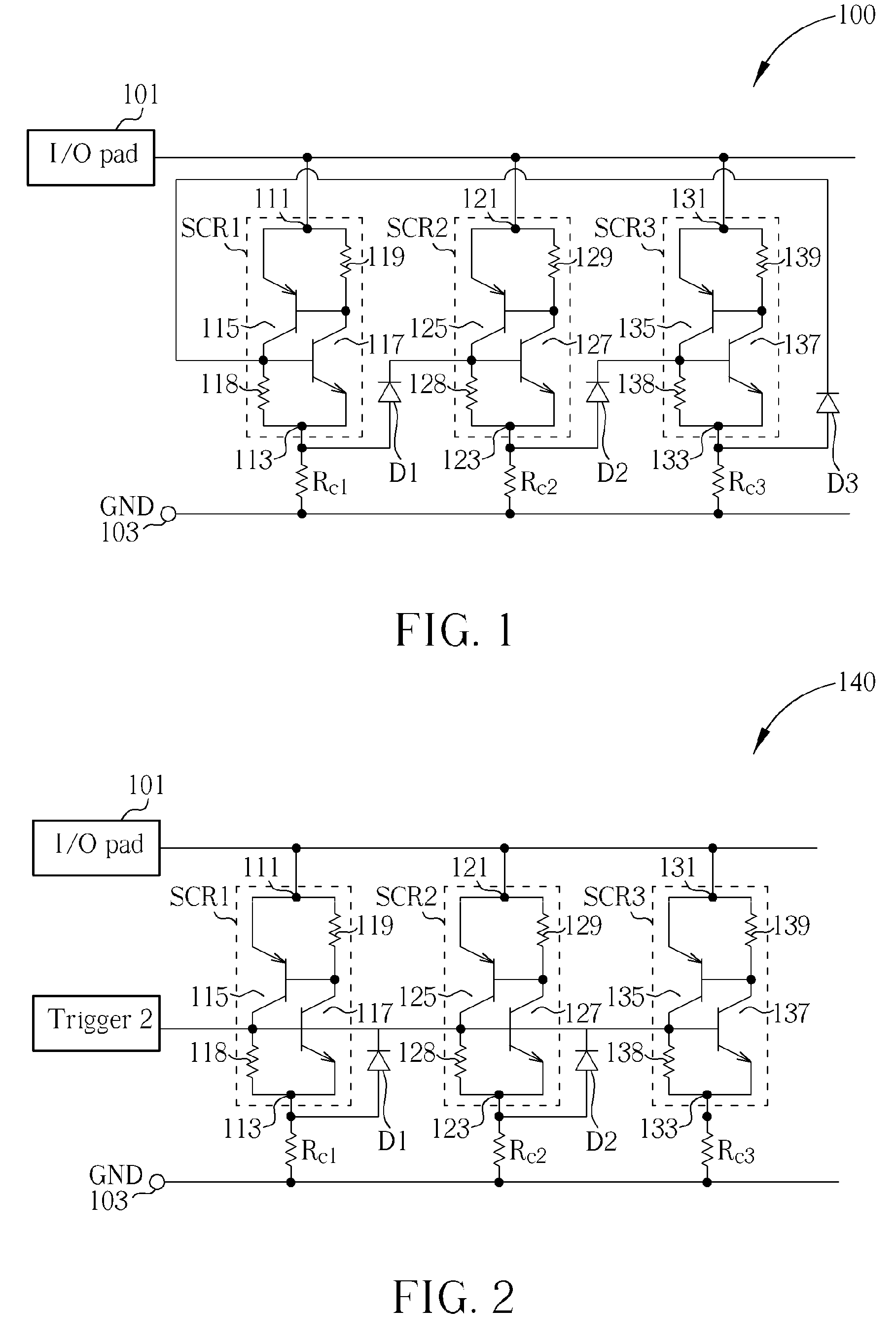 ESD protection circuitry with multi-finger scrs