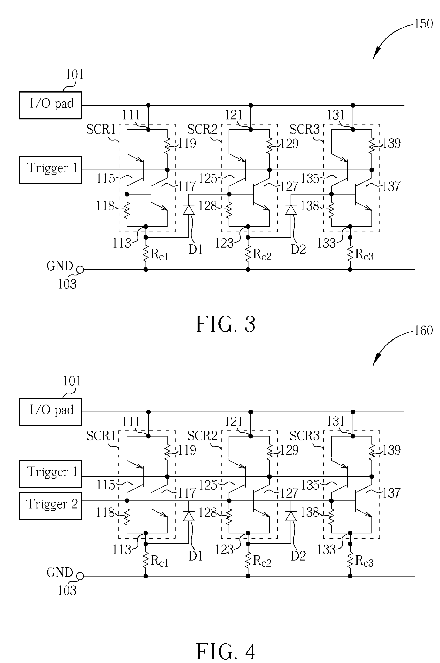 ESD protection circuitry with multi-finger scrs