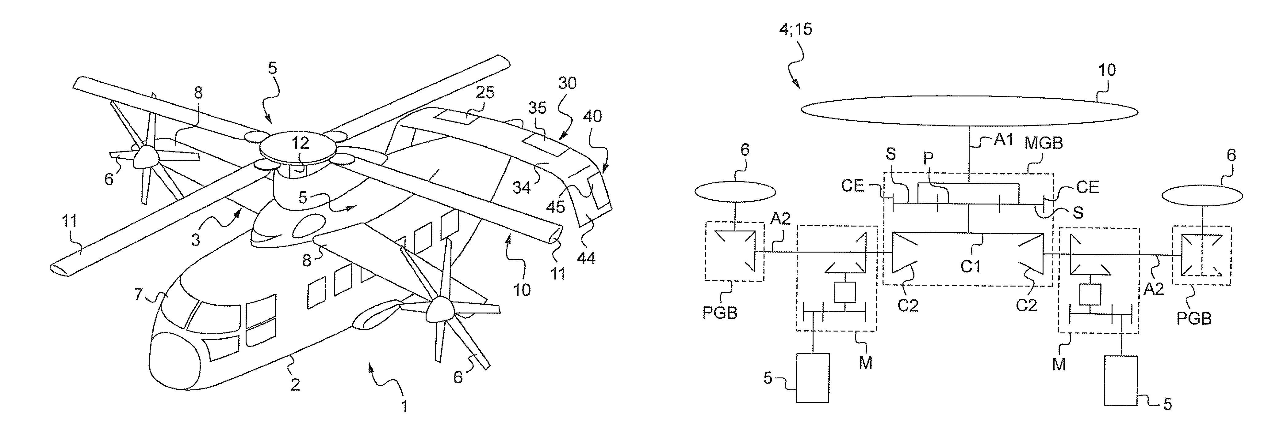 Fast hybrid helicopter with long range and proportional drive to the rotor and the propeller