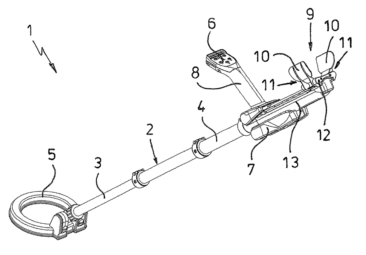 Detector with telescoping support pole and foldable arm support