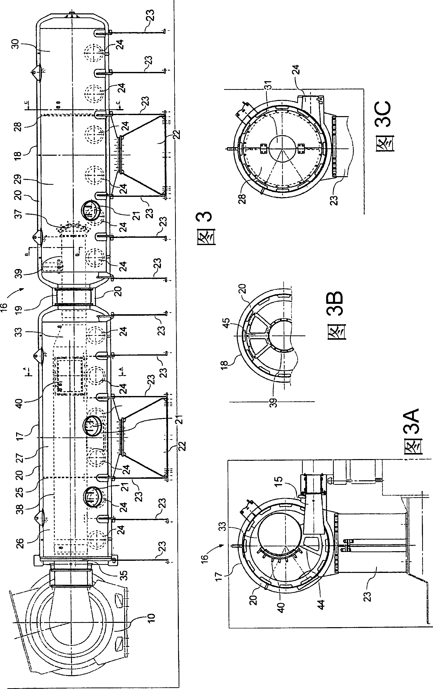 Exhaust gas receiver for a large two-stroke diesel engine