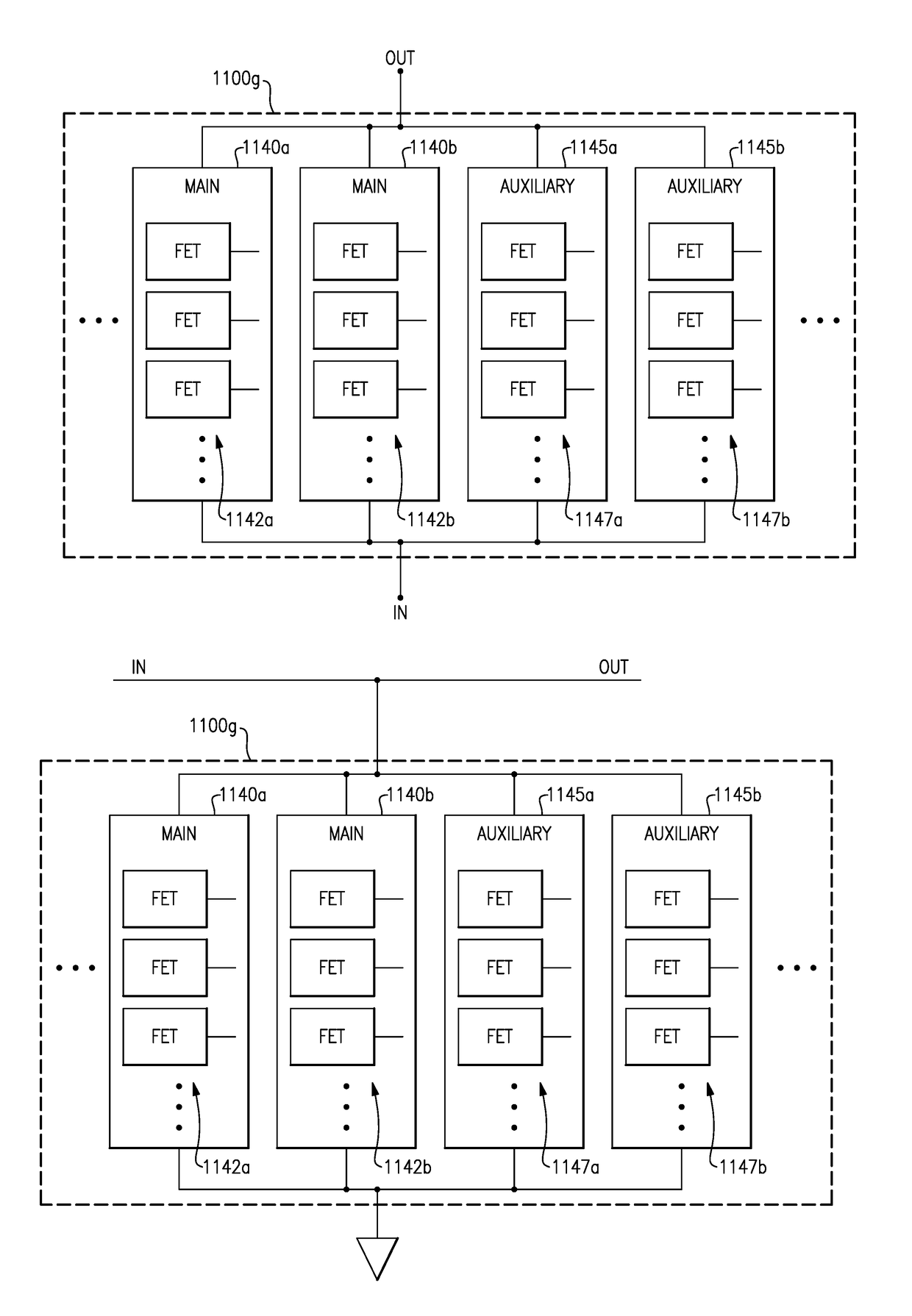 Main-auxiliary field-effect transistor structures for radio frequency applications