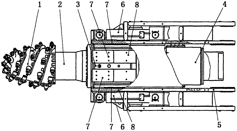 Telescopic cutting device and heading machine