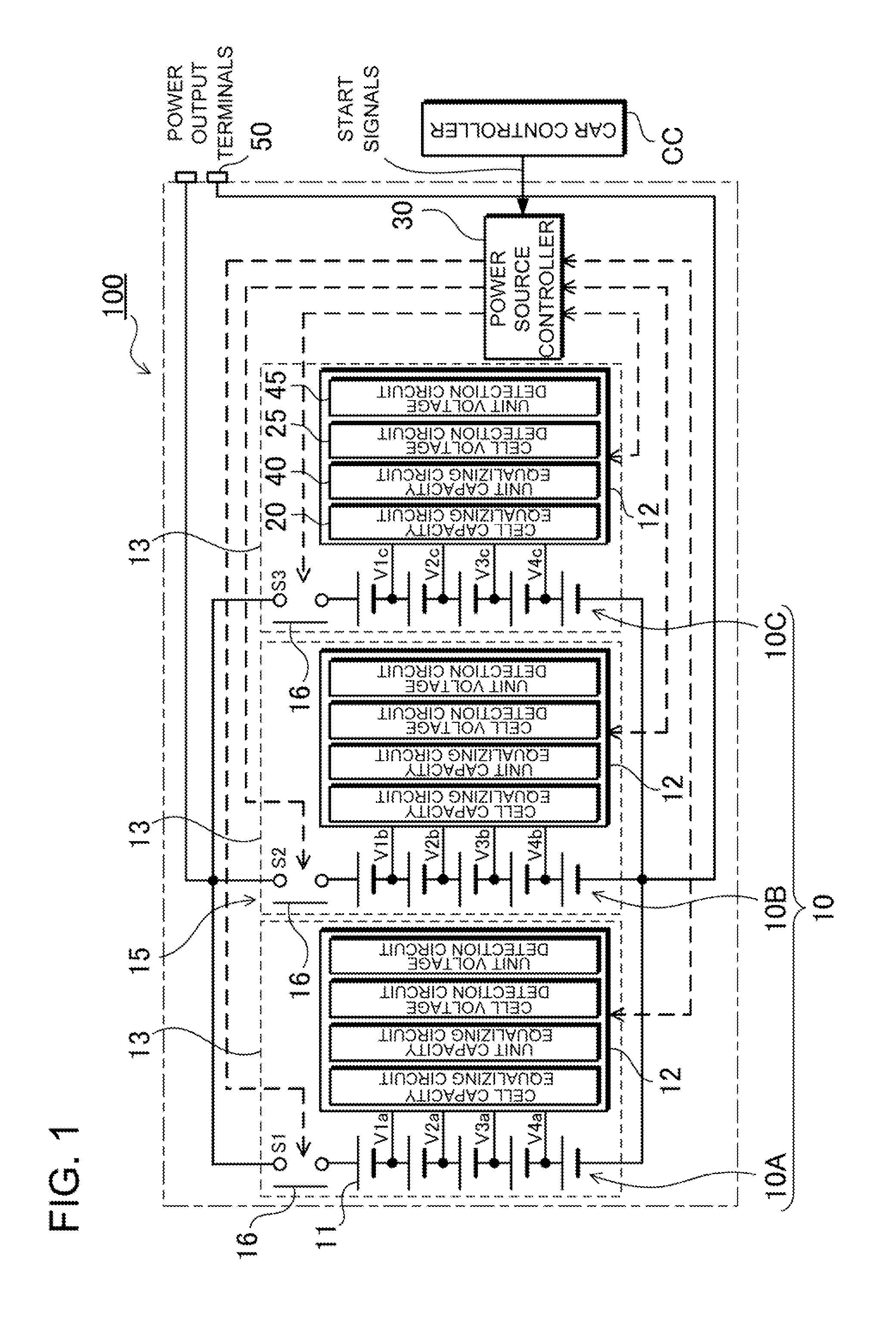 Car power source apparatus, and capacity equalizing method for the car power source apparatus