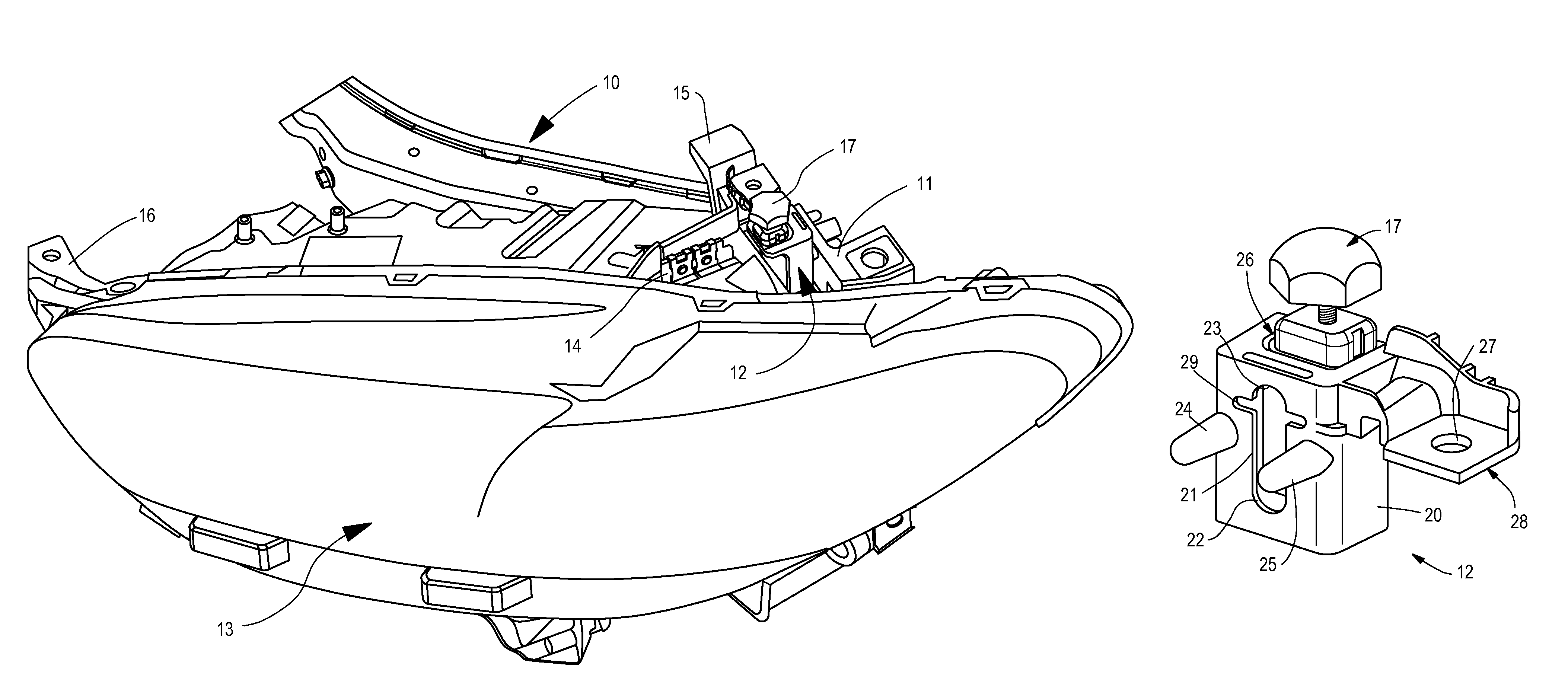 Integrated hood bump-stop and headlamp attachment for pedestrian protection