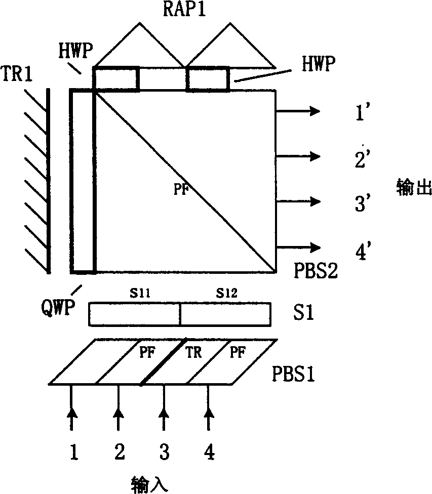 Two path 2X2 light switch and 4X4 free space light switch composed of it