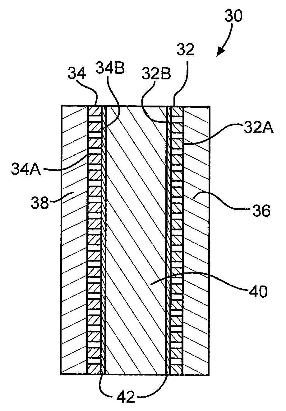 Sandwich electrode design having relatively thin current collectors