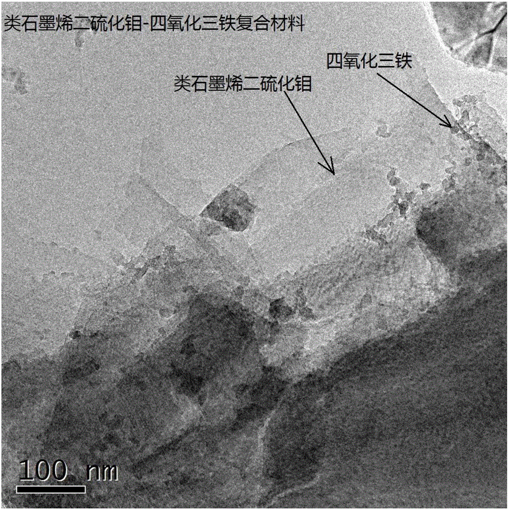 Method for preparing graphene-like molybdenum disulfide-ferroferric oxide composite material through reduction for proteic substances