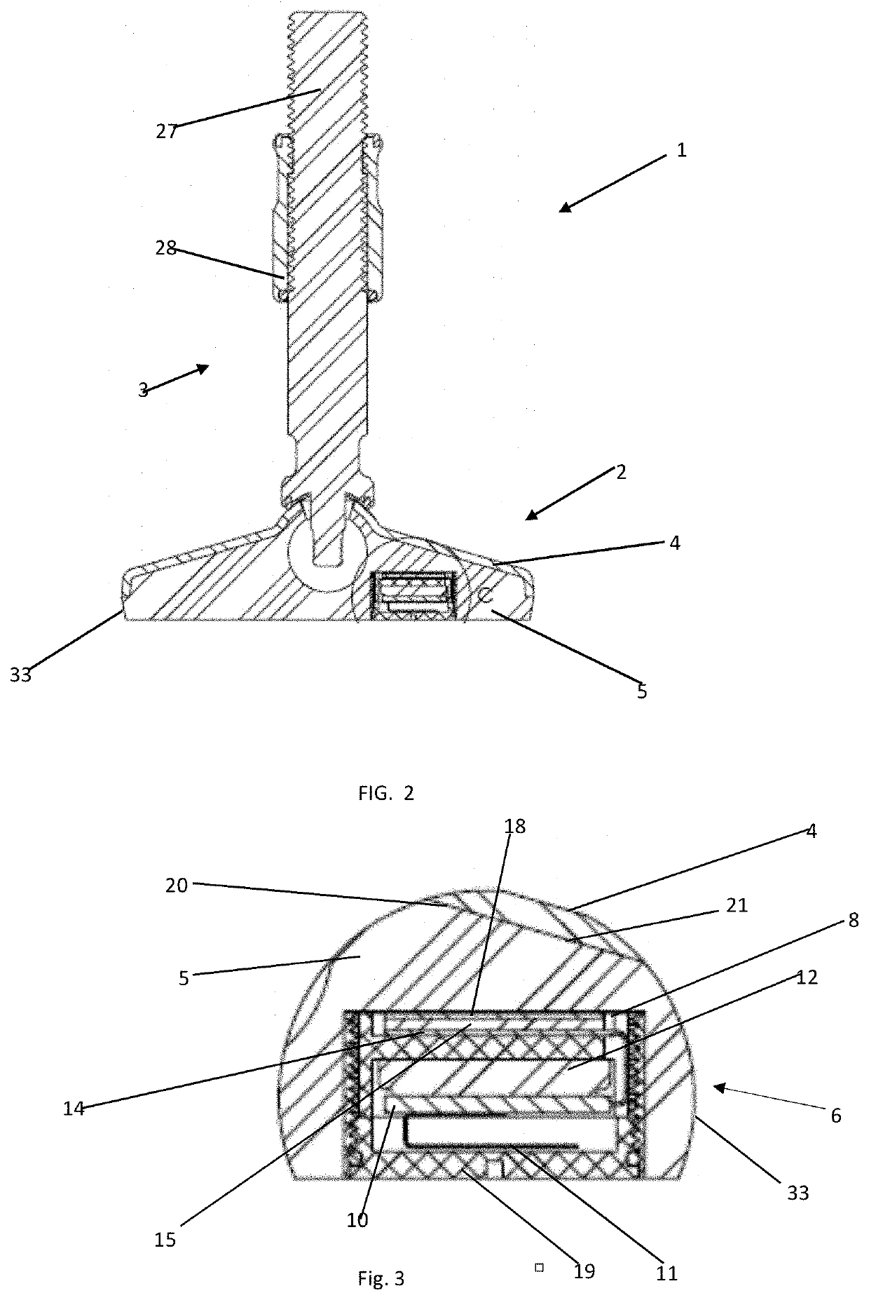 Method for establishing a signal indicative of the pressure-condition in the as contact-surface befitted rubber-elastic body of a machine foot, as well as machine foot with hydrostatic pressure sensor