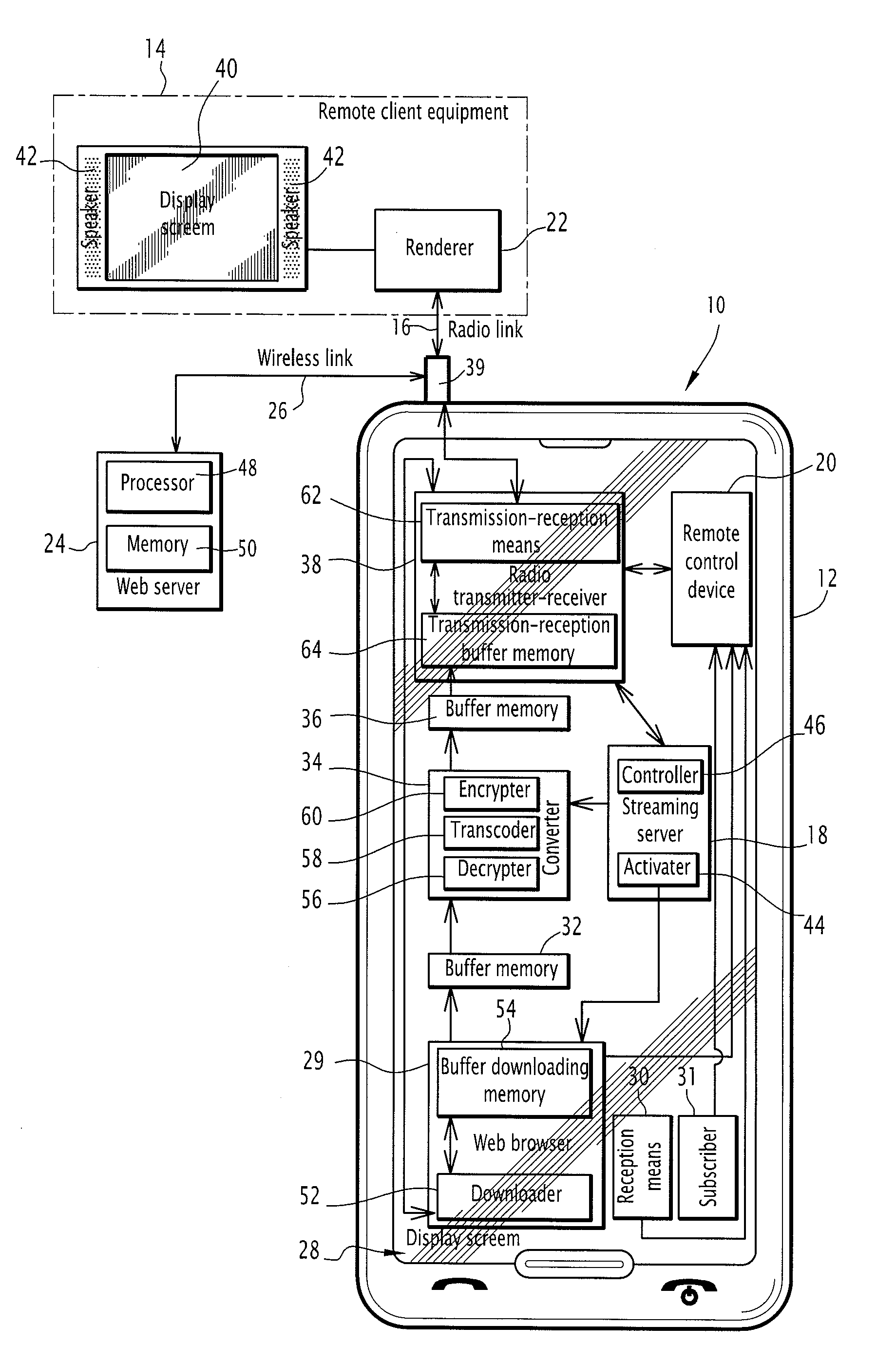 Mobile phone comprising a streaming server with activation means for activating downloading of a file for streaming thereof