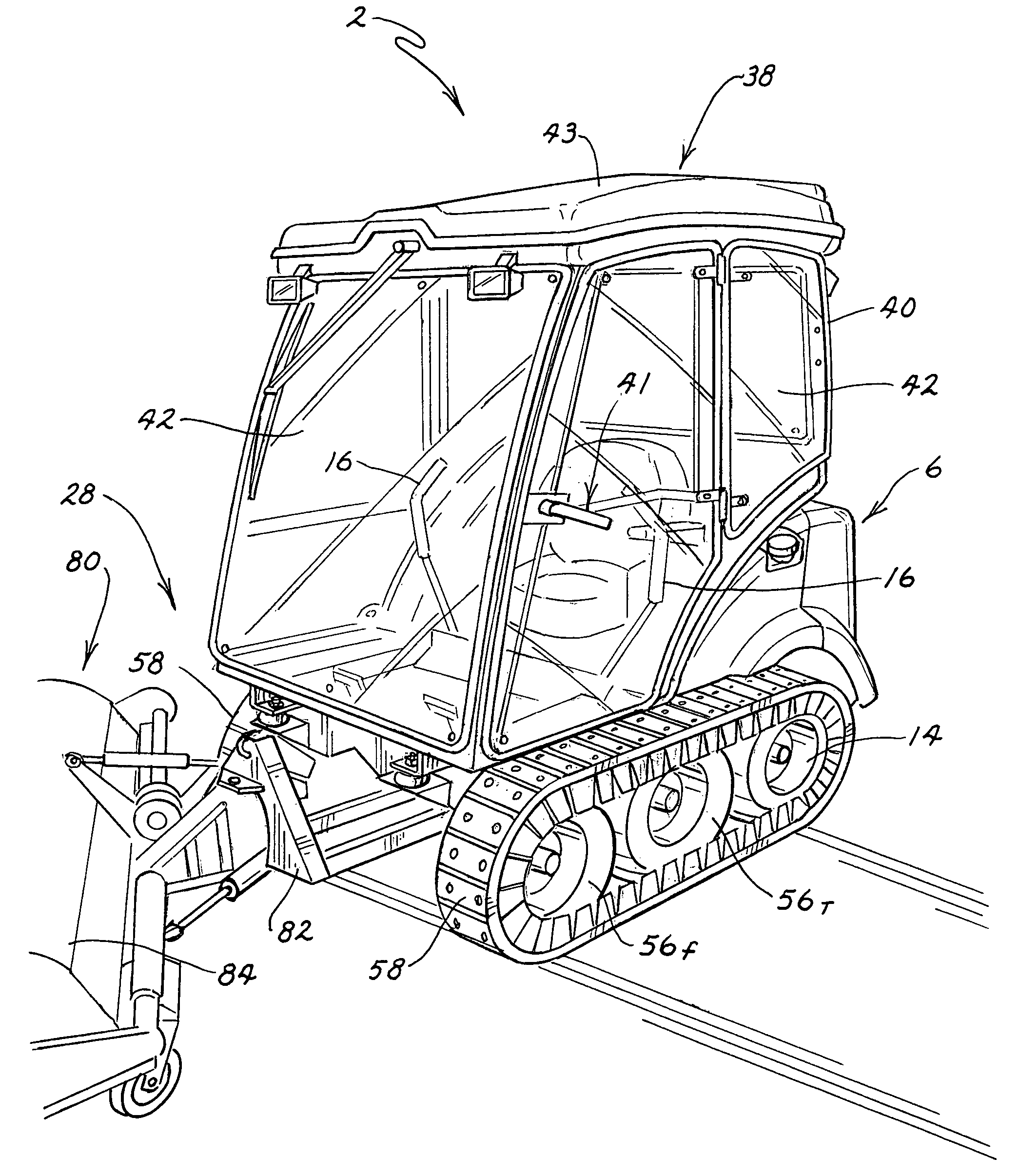 Tracked implement with pivotal front and trailing idlers and powered rear drive member