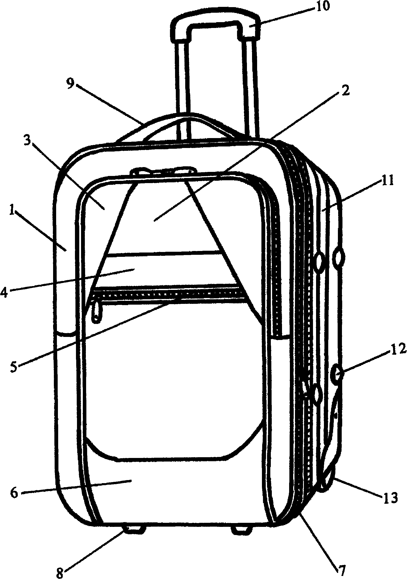 Draw-bar box with raised bag and protecting cover at front side