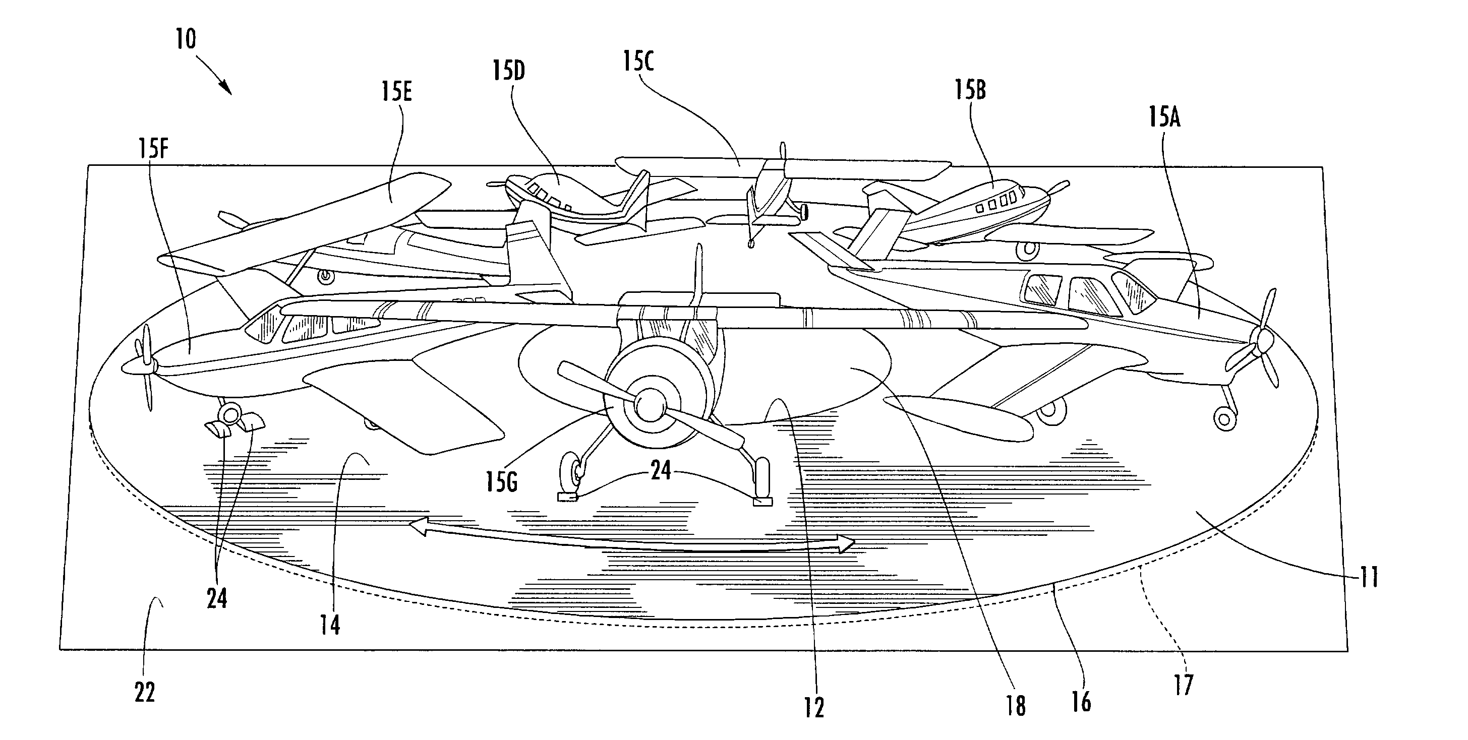 Aircraft storage turntable, hangar assembly and method