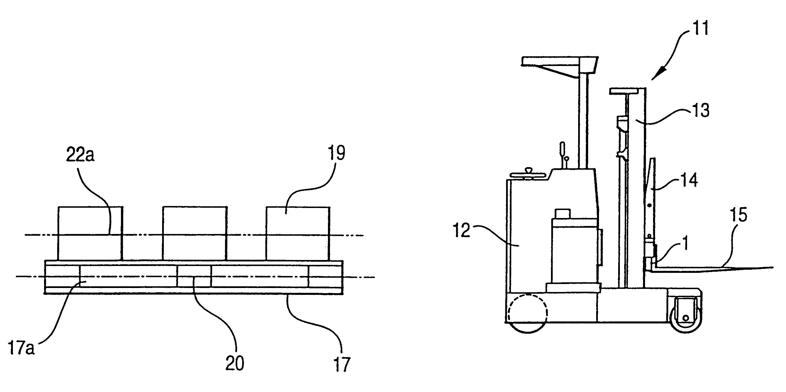 Forklift having a light source and lens combination that provide a shaped light beam