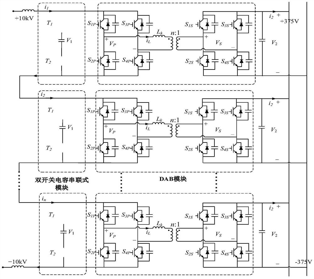 Double-switched-capacitor tandem type direct-current transformer topological structure and inrush current suppression method