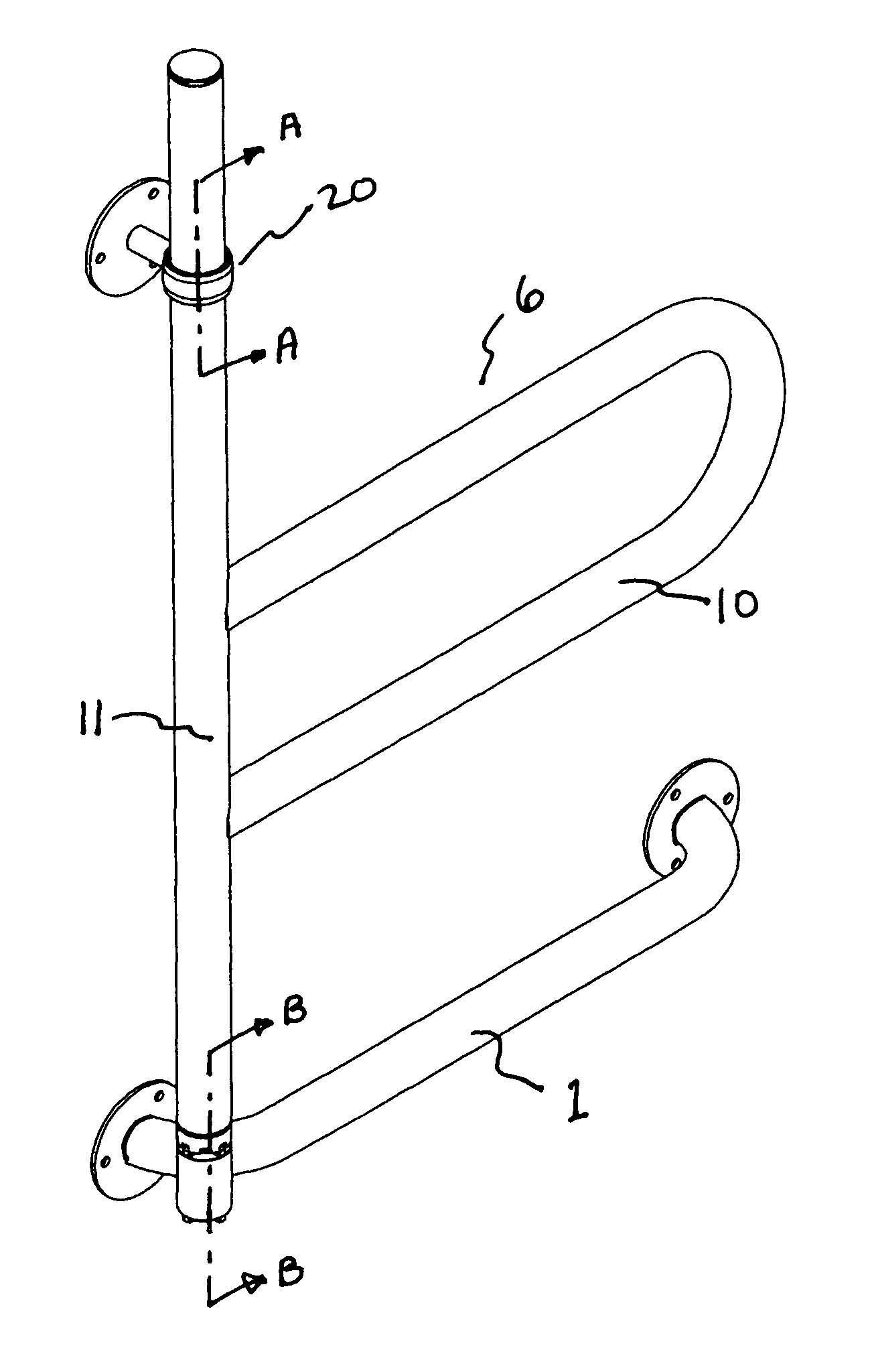 Pivoting and locking wall mounted support rail for elderly and disabled persons