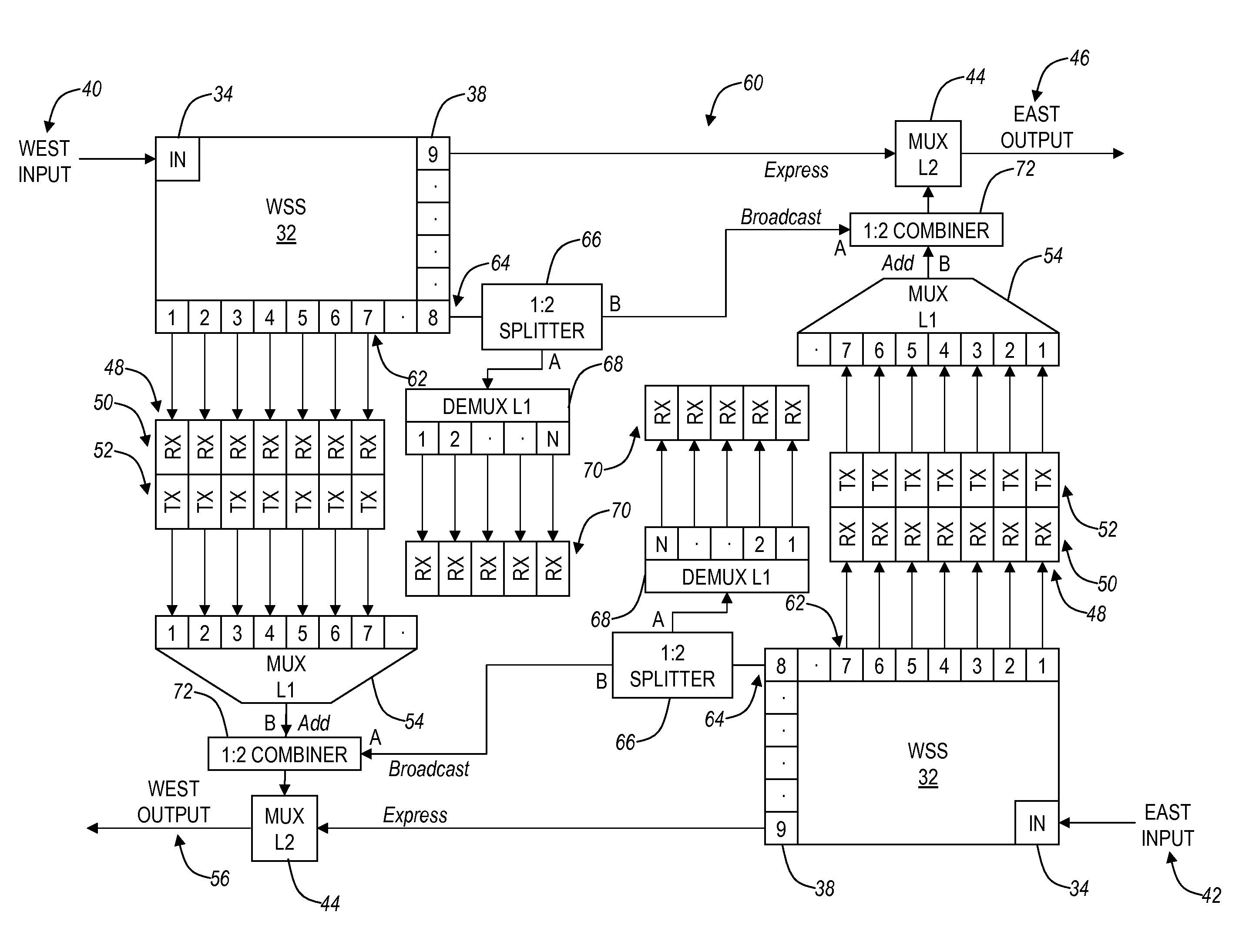 Wavelength-switched optical add-drop multiplexer with wavelength broadcasting capability