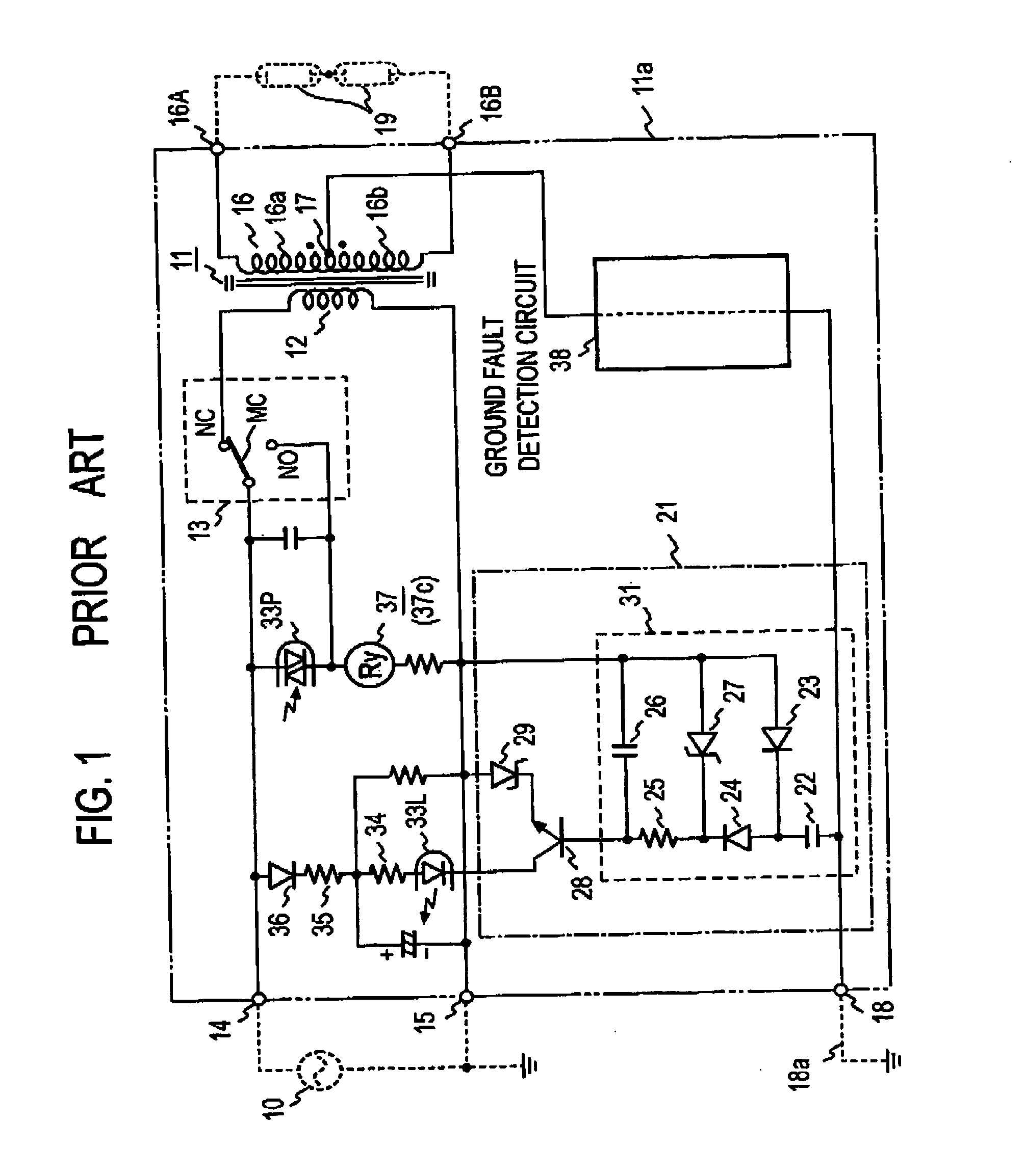 Discharge tube lighting transformer with protective circuit against non-grounding of ground terminal