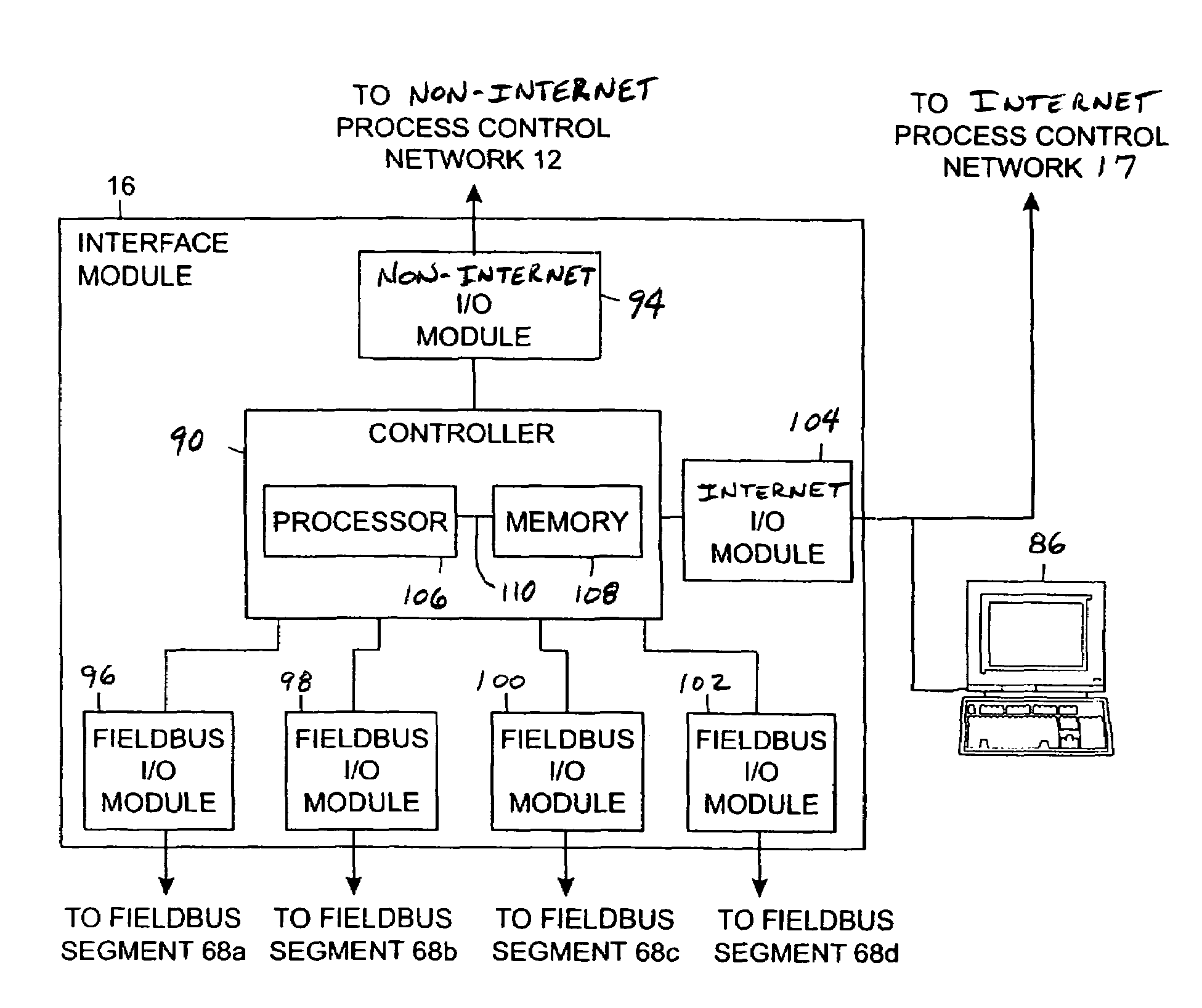 Interface module for use with a fieldbus device network and with internet and non-internet based process control networks