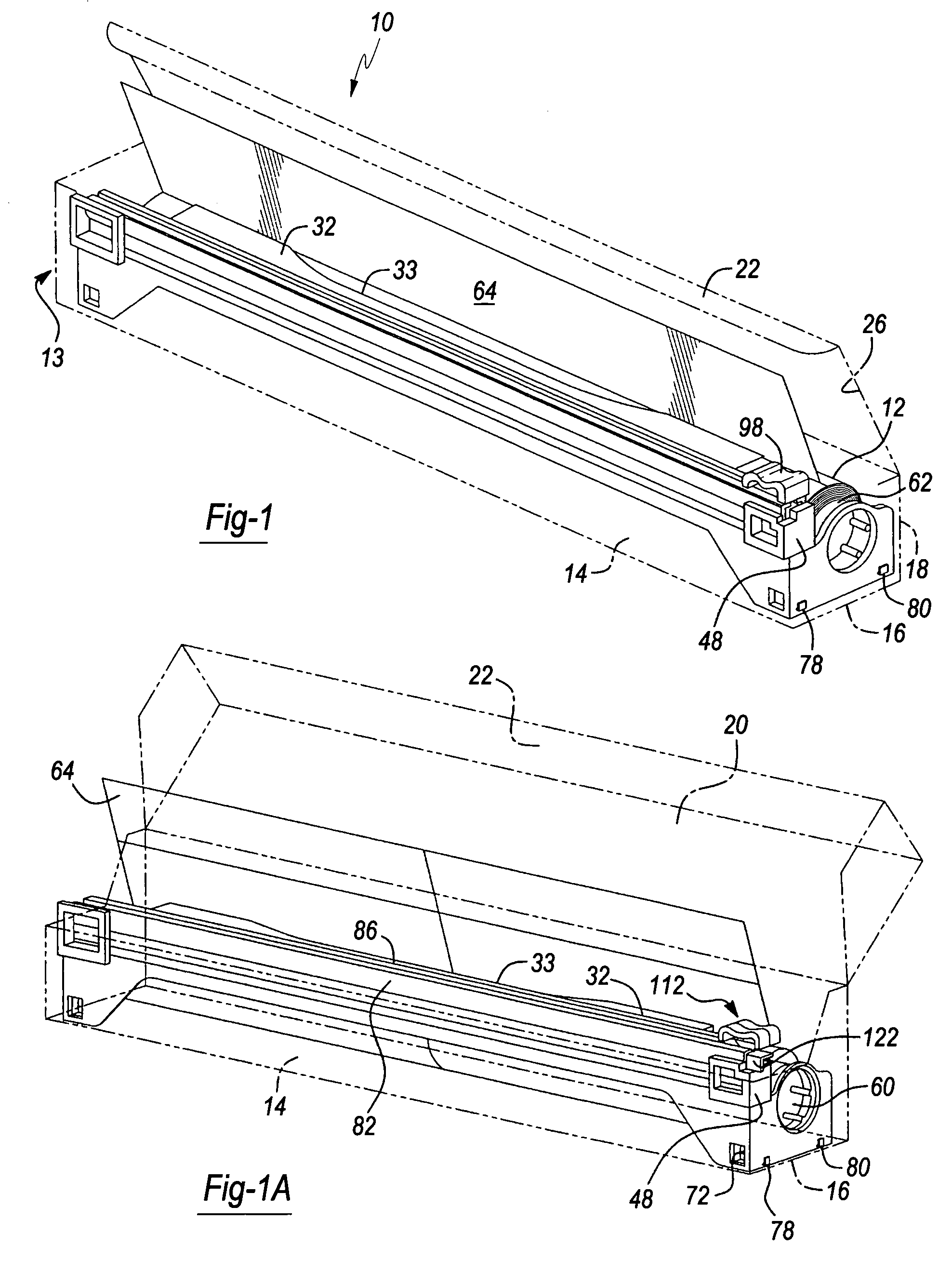 Roll supporting slide cutter assembly incorporating a traversable cutter tab and in particular capable of being supported within a carton enclosure associated with a wrap material roll