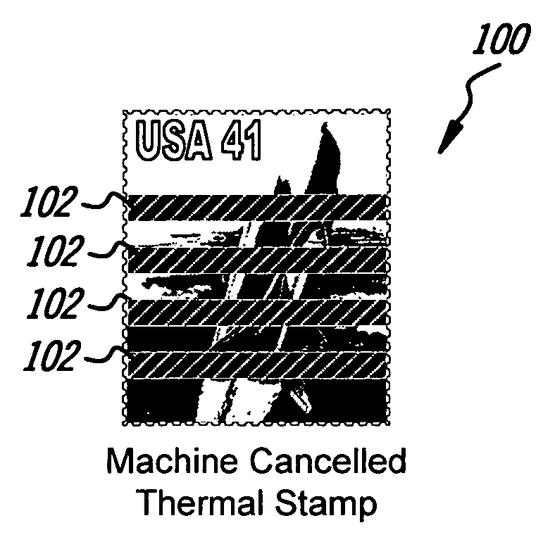 Stamp, envelope and meter in sticking, printing and cancelling