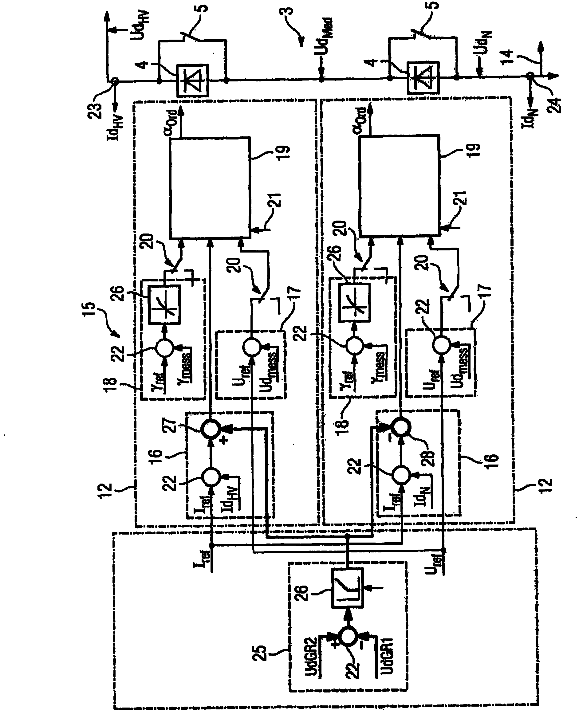 Device for regulating a high-voltage direct-current transmission system