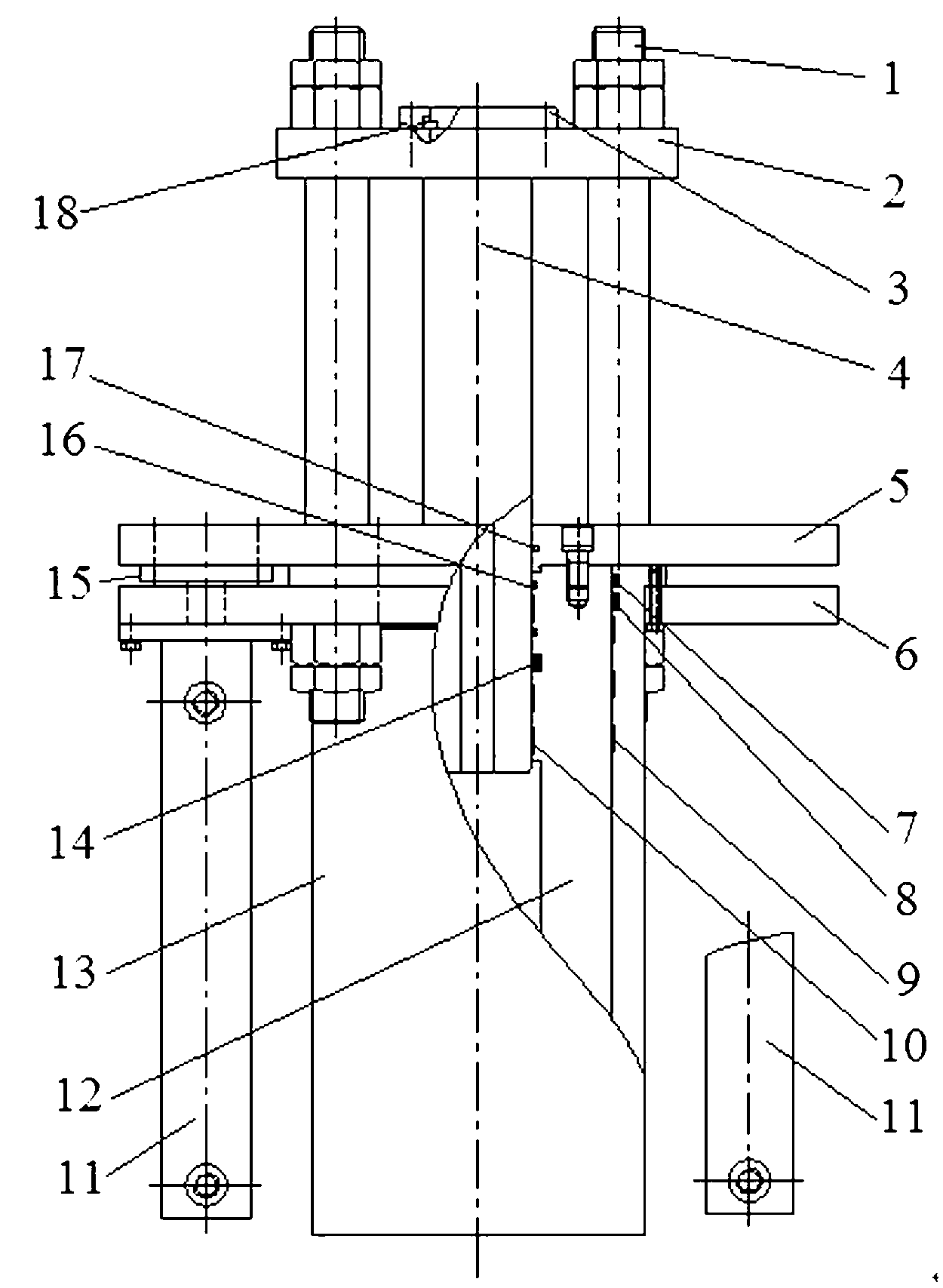 Four-column guiding type pressurizing device of hydrostatic testing machine