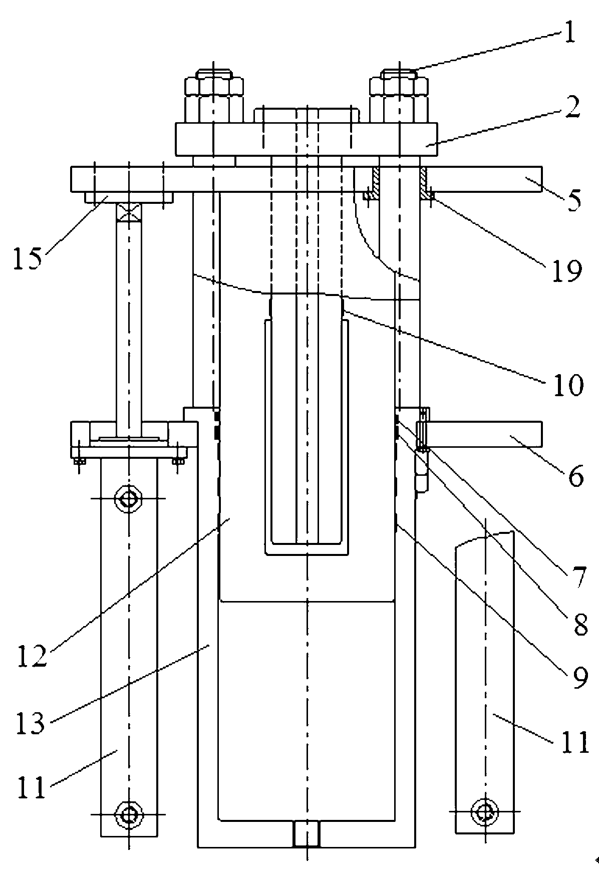 Four-column guiding type pressurizing device of hydrostatic testing machine