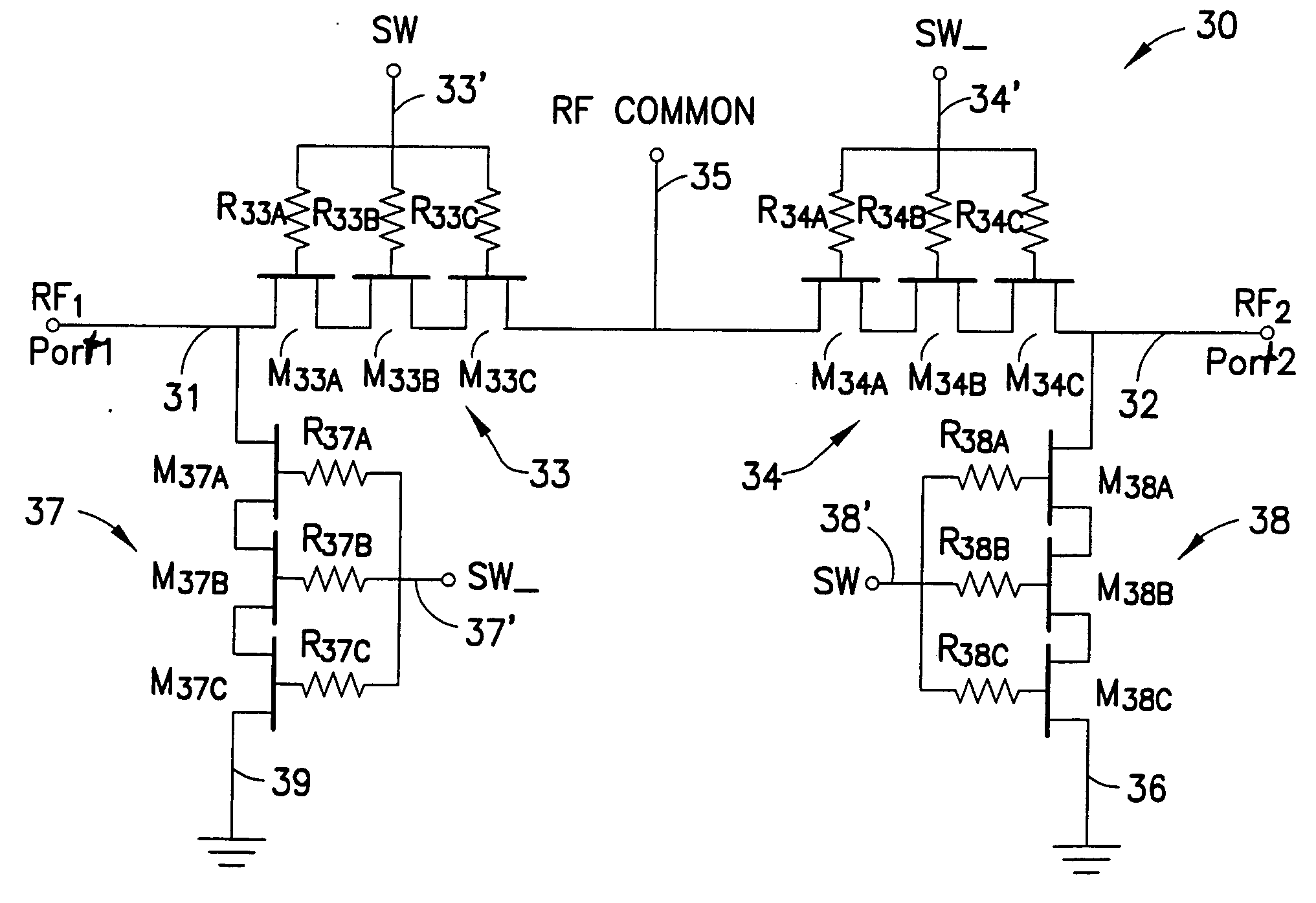 Switch circuit and method of switching radio frequency signals