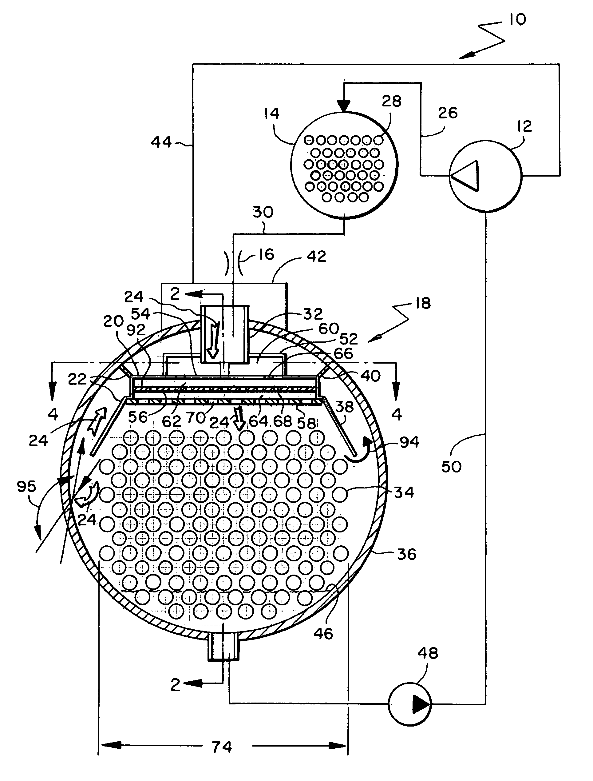 Flow distributor and baffle system for a falling film evaporator