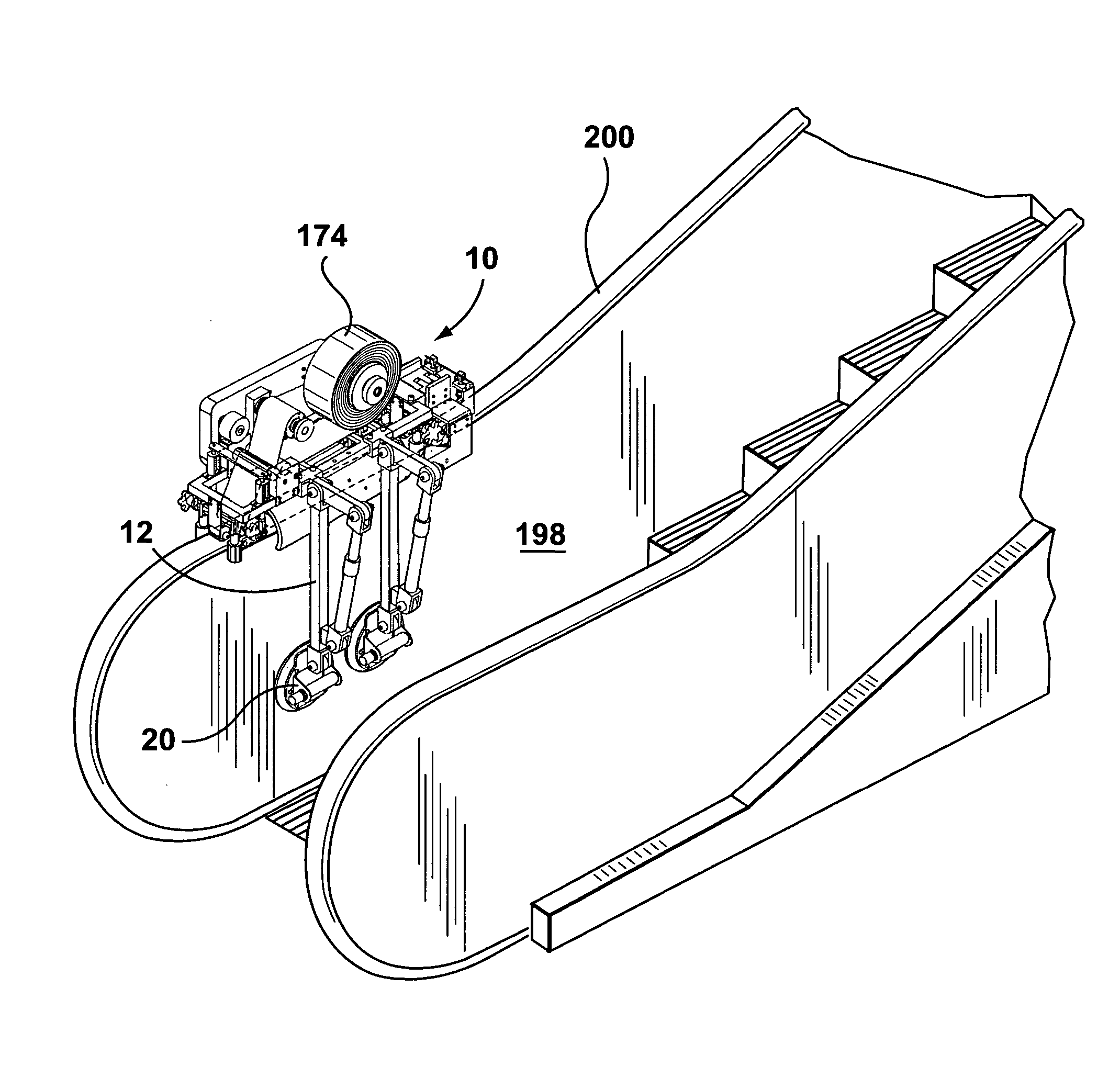 Method of and apparatus for applying a film optionally including advertising or other visible material, to the surface of a handrail for an escalator or moving walkway